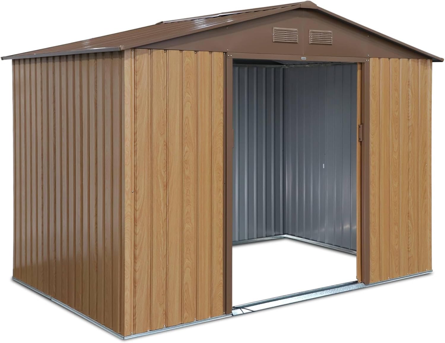 sweeek - Abri de Jardin en métal - FERRAIN 5.29m² Couleur chêne - Cabane à Outils avec Deux Grandes Portes coulissantes. kit de Fixation Sol Inclus. Maison de Rangement. Remise