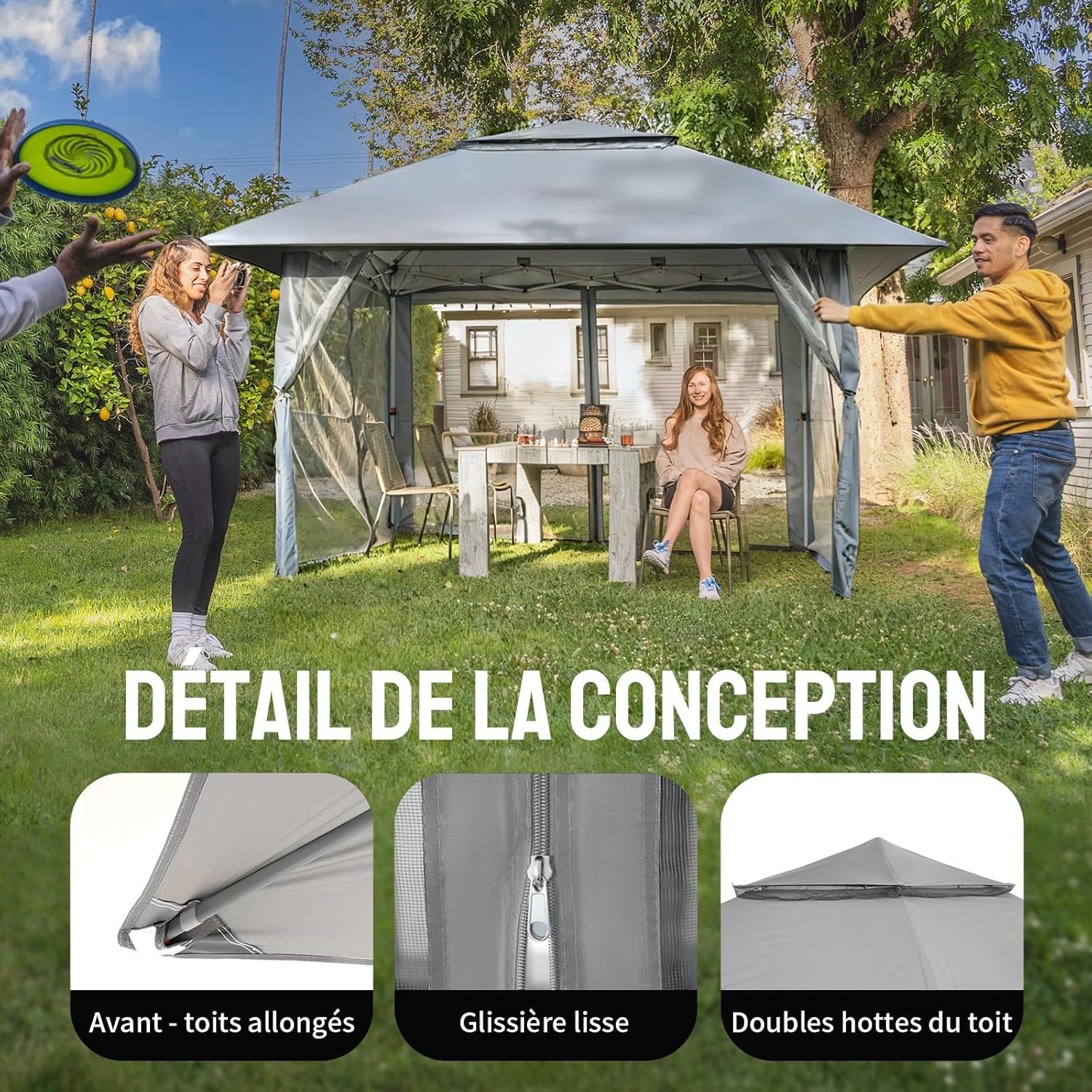 CROWN SHADES - tonnelle jardin pop up - 4x4 m - double toit, côtés maille, hauteur réglable