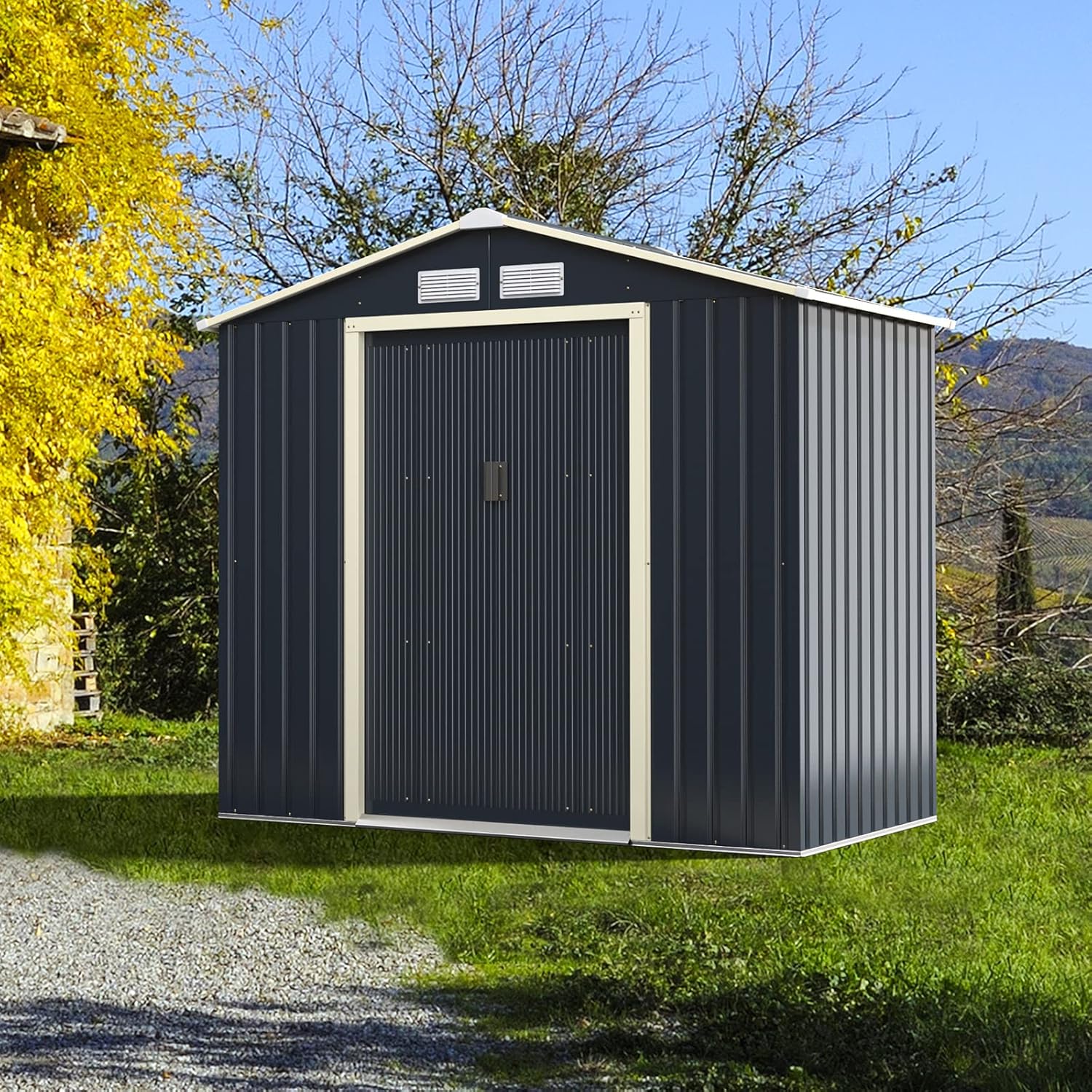 COSTWAY - Abri de Jardin Métal - 213,5x127x194,5cm - 2 portes coulissantes, toit incliné, 4 aérations