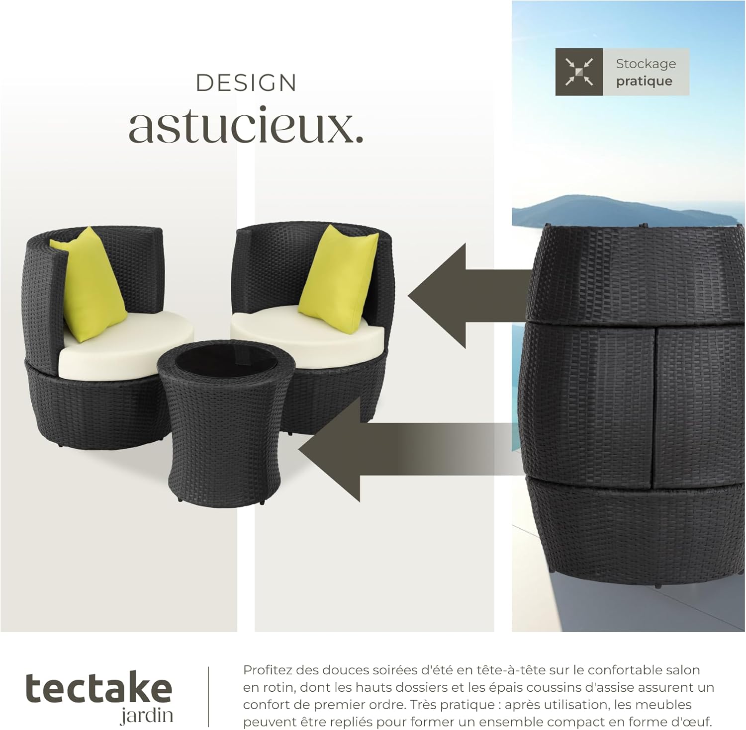 tectake - Salon de jardin 2 places - alu & rotin, table, coussins, pot