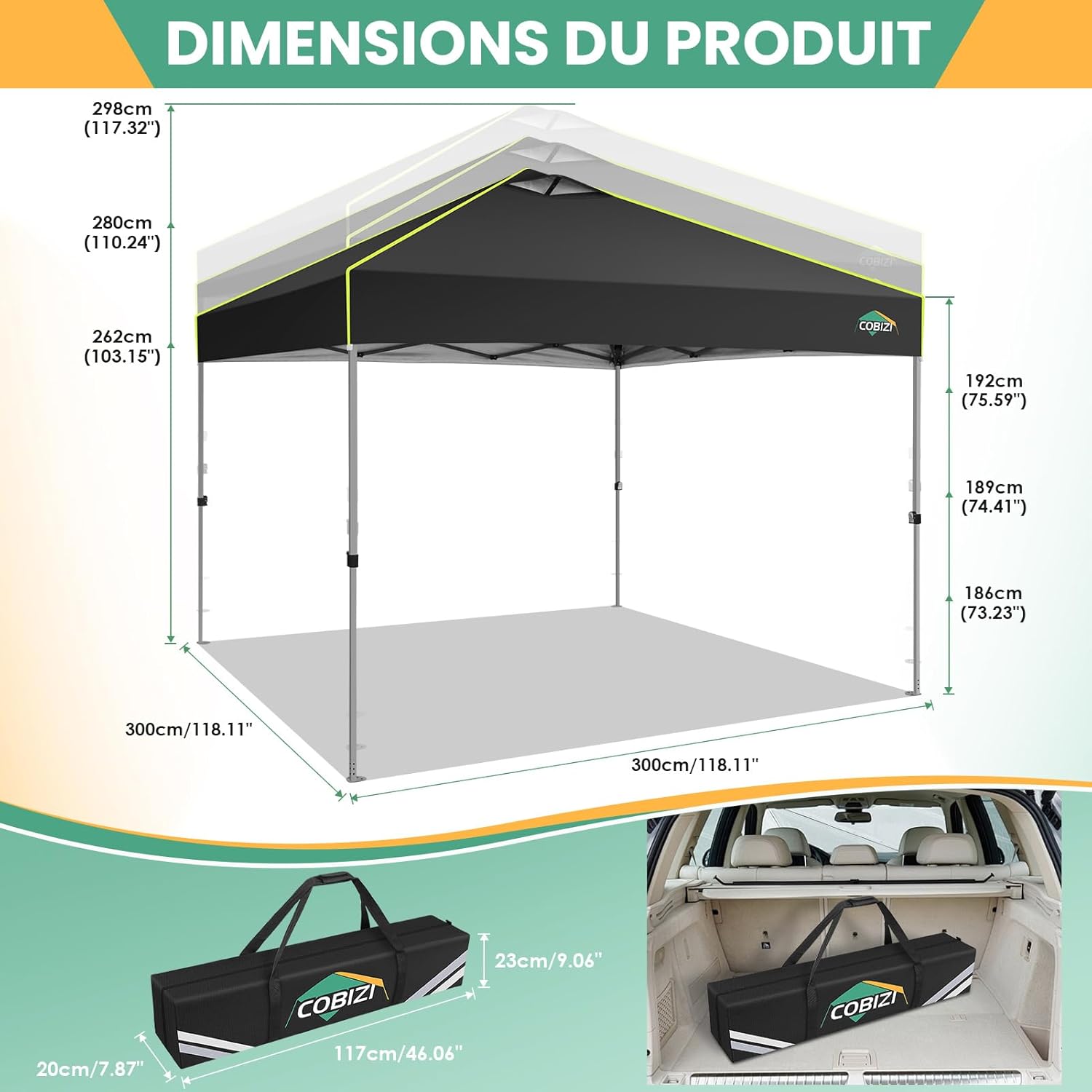 COBIZI - Tonnelle pliante série Barnum 3x3m, UV50+, verrouillage central, 4 parois, fluorescente