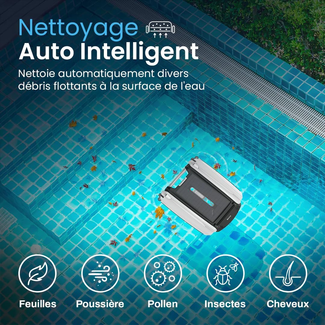 Betta - SE - robot skimmer solaire piscine, 30h autonomie, moteurs sel/chlore, nettoyage 24/7