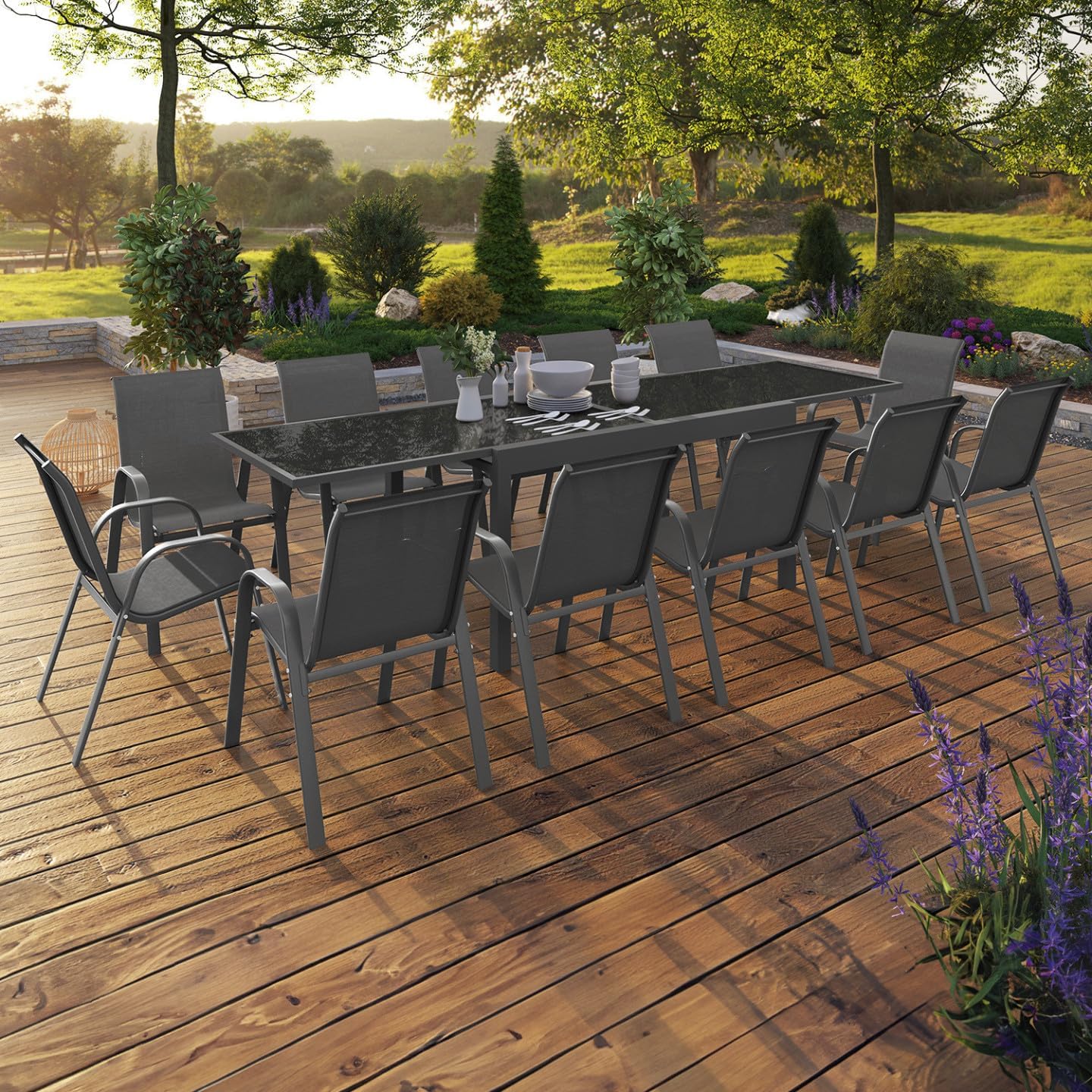 IDMarket - Madrid série - table 135-270 cm et 12 chaises empilables - gris anthracite