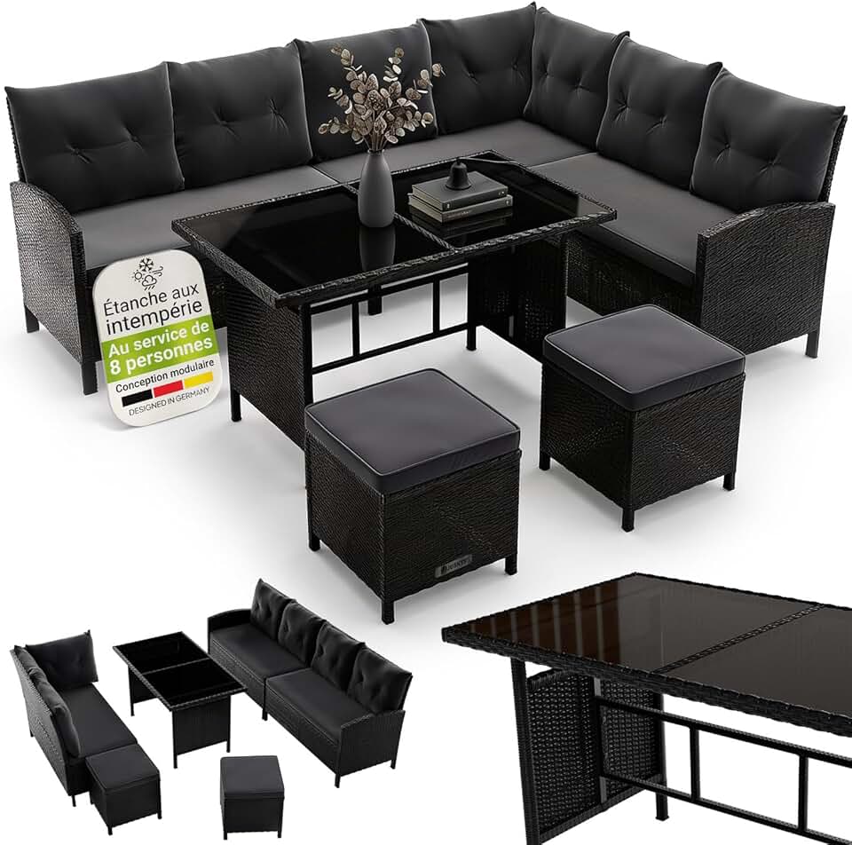 Juskys - Manacor Lounge 7 places, polyrotin noir, table, tabourets, coussins gris