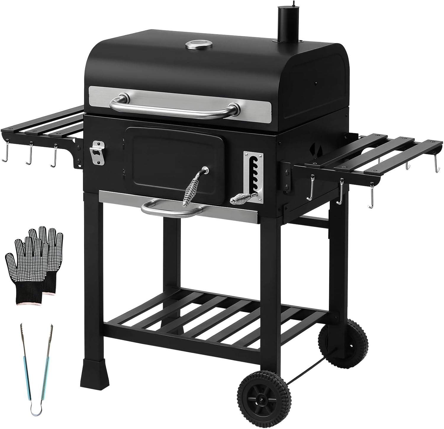 TEENO - Chariot XXL barbecue charbon, couvercle, thermomètre, gants, fumoir