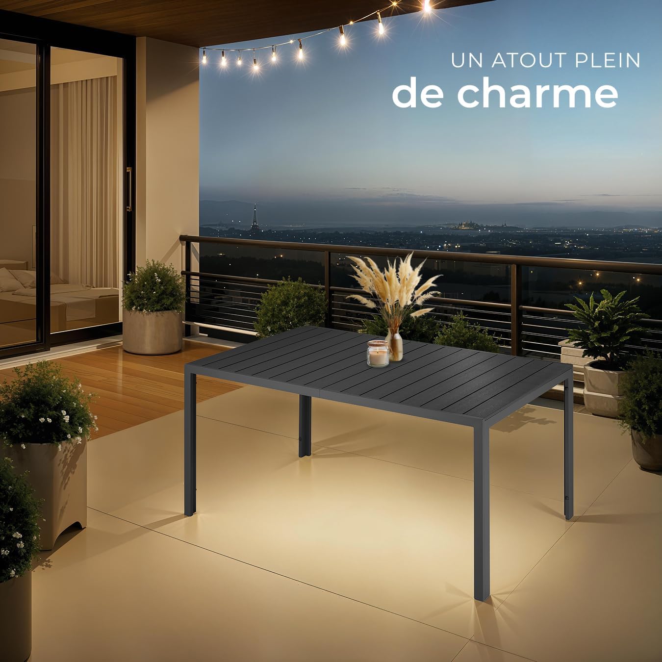 tectake - Table à manger aluminium bois 150x90x74,5 cm, réglable, anti-intempéries