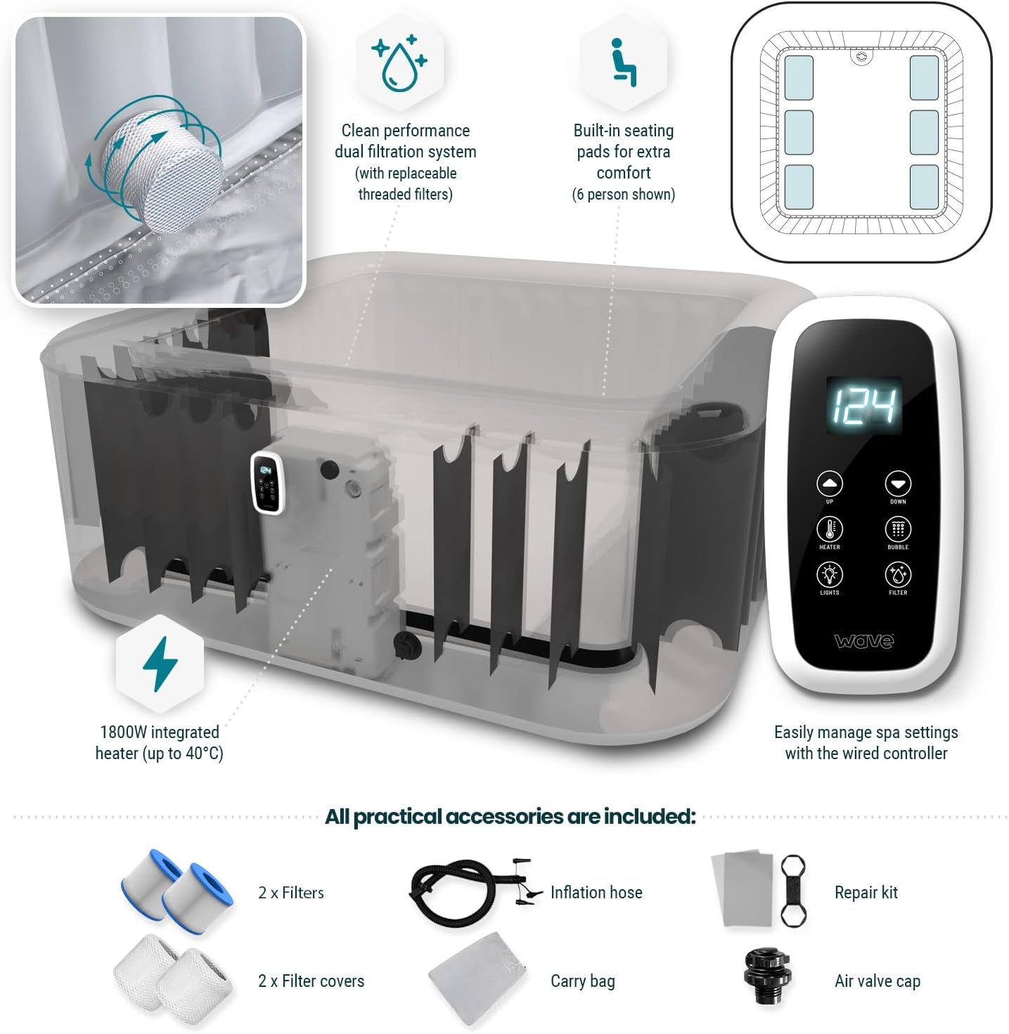 Spa Gonflable Wave | Chauffage écologique intégré | Système de Massage Aquajet | Protection antigel | Configuration Rapide en 15 Minutes (Pacific, Gris Foncé | 4 Personnes)