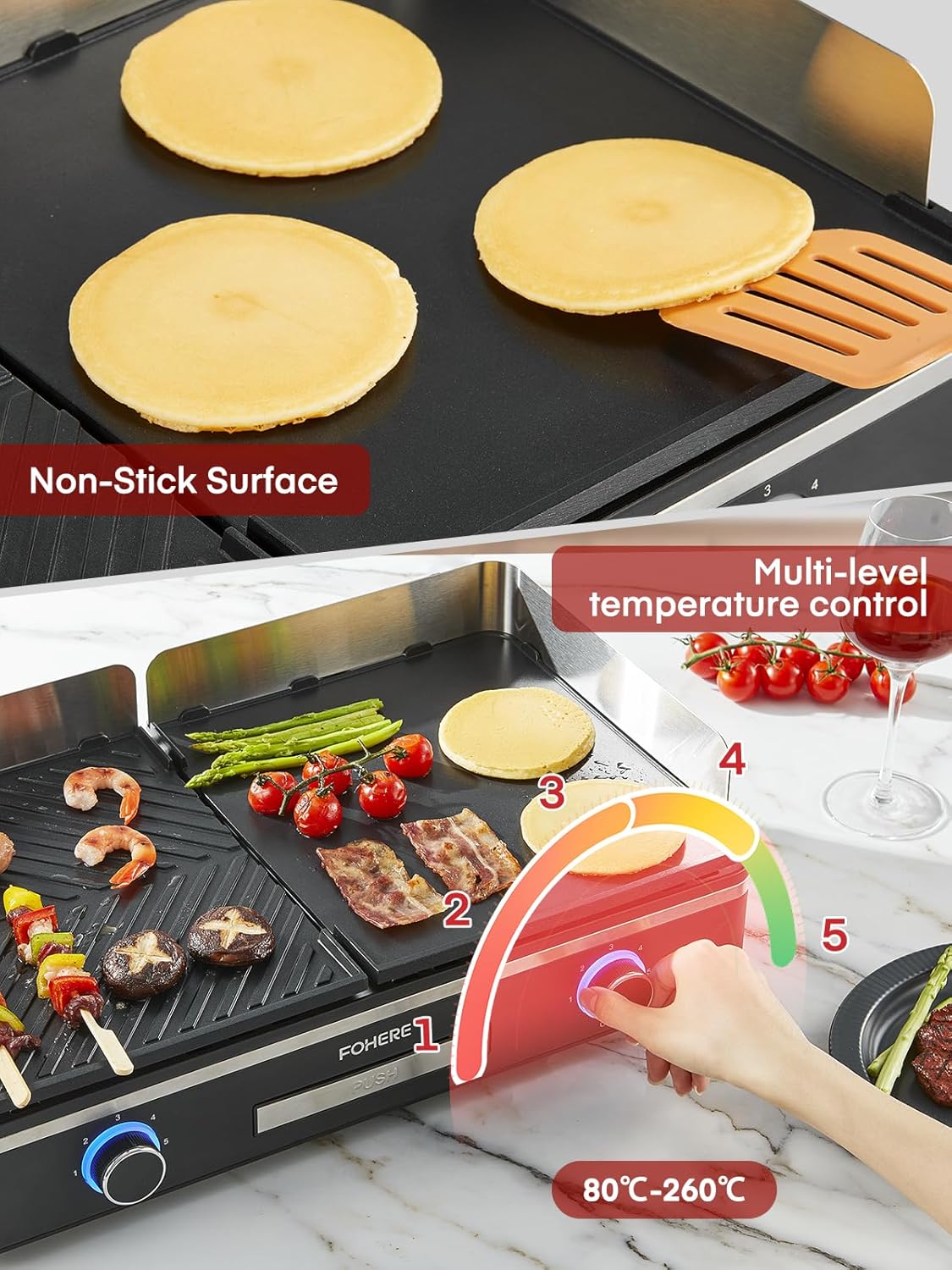 FOHERE - Barbecue de table 2400W - 2 zones, grande plancha antiadhésive