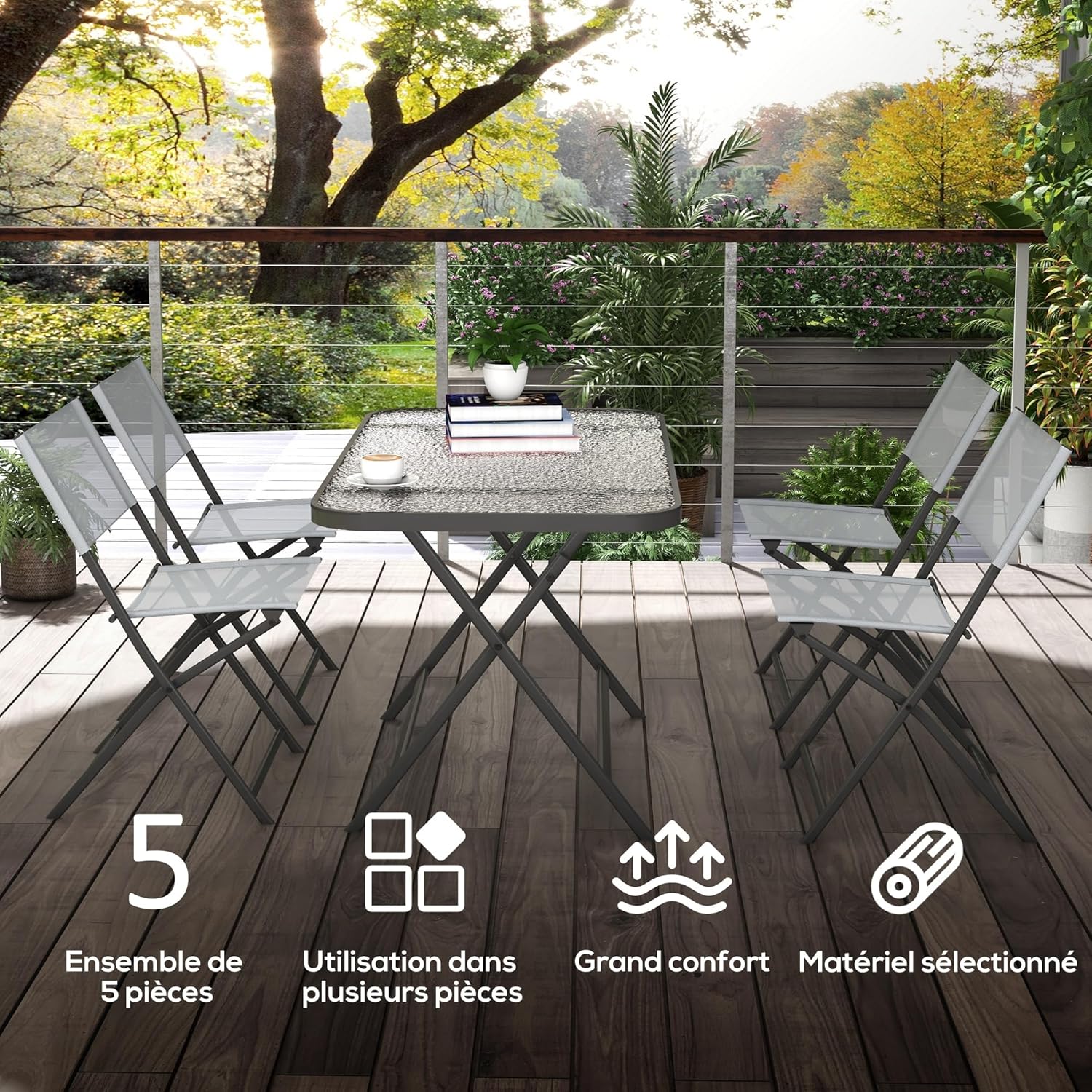 Outsunny - Ensemble de jardin 5 pcs - chaises pliables, table verre, gris