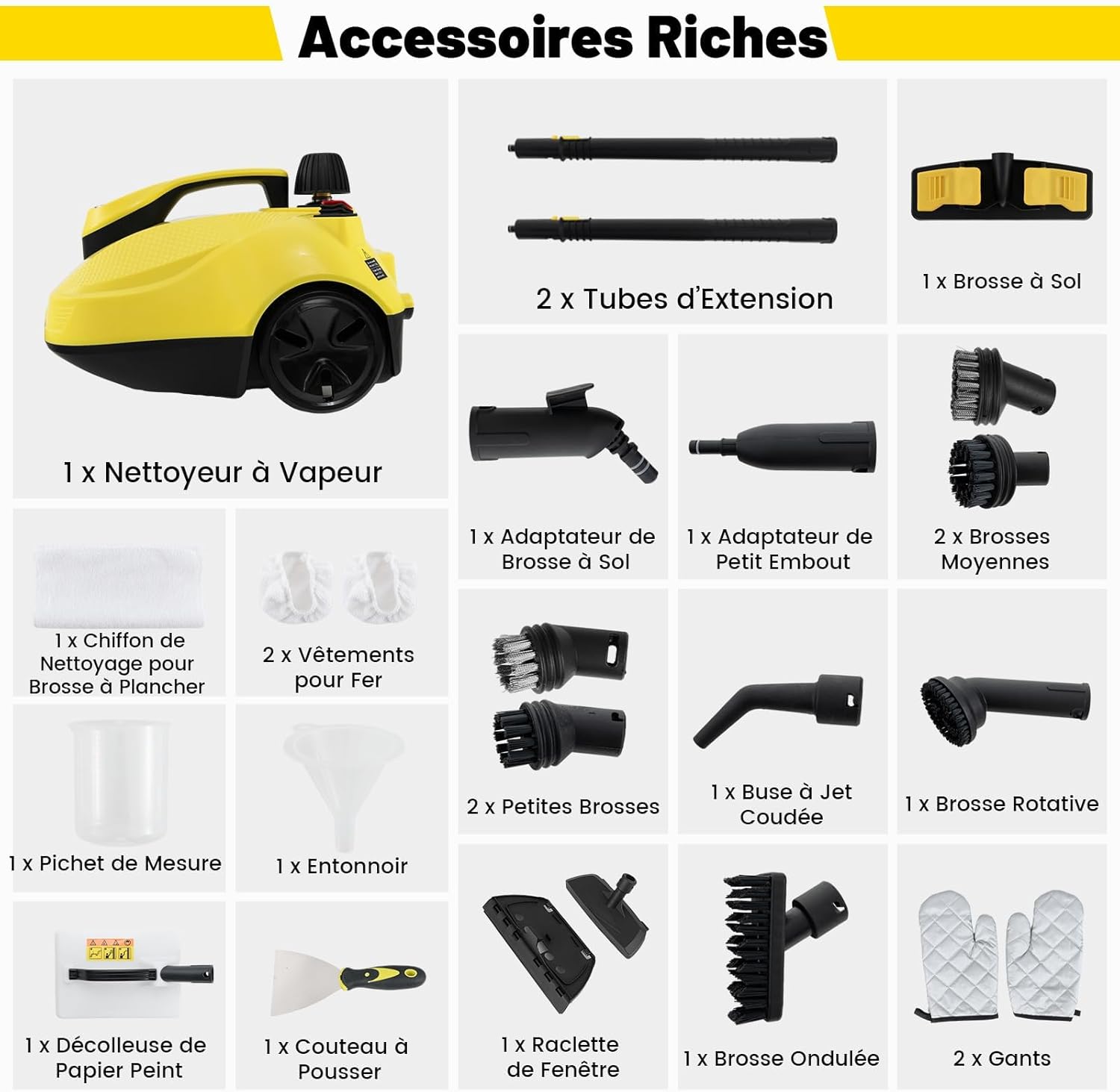 RELAX4LIFE - nettoyeur vapeur 1,9L - 2000W, 5 bar, 15 accessoires