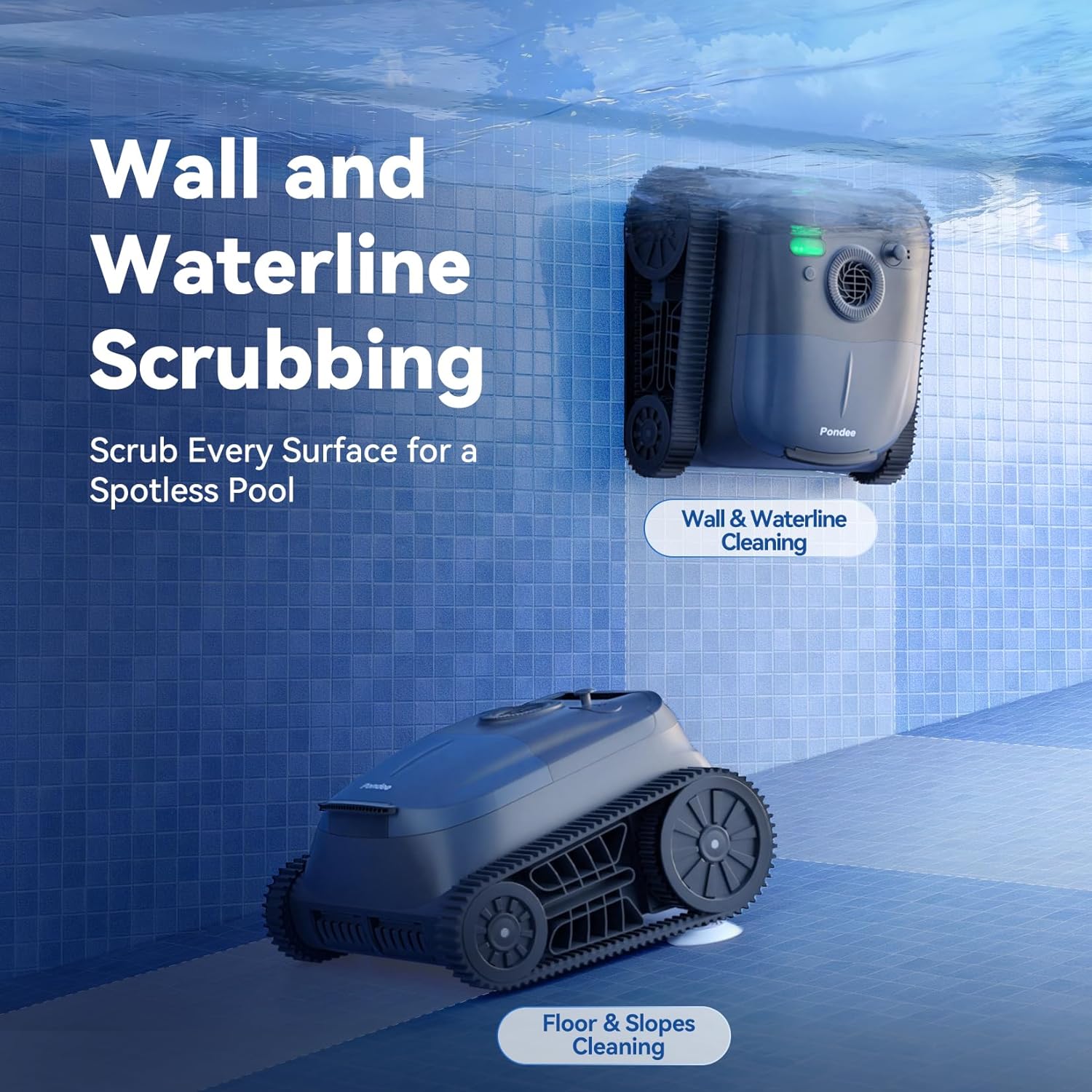 (Upgrade 2026) Pondee X5 Robot de Piscine sans Fil Fond et Parois, Aspirateur 21 m³/h Saugkraft, Navigation Intelligente, 3 Moteurs Brushless, Autonomie 180 Min, Ligne d'eau, Bassins jusqu'à 300m²