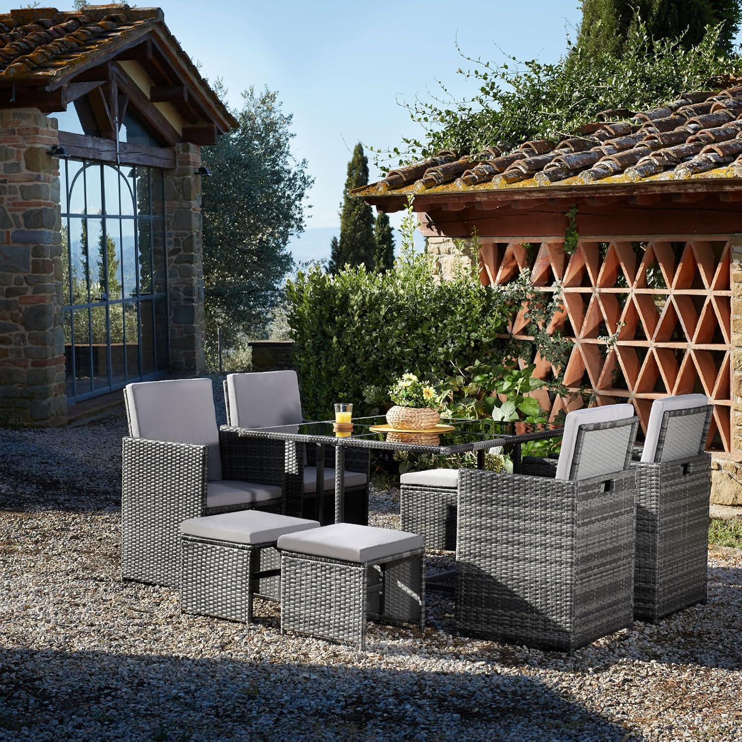 tectake - Salon de jardin polyrotin, 4 chaises, 4 tabourets, table, housse, marron