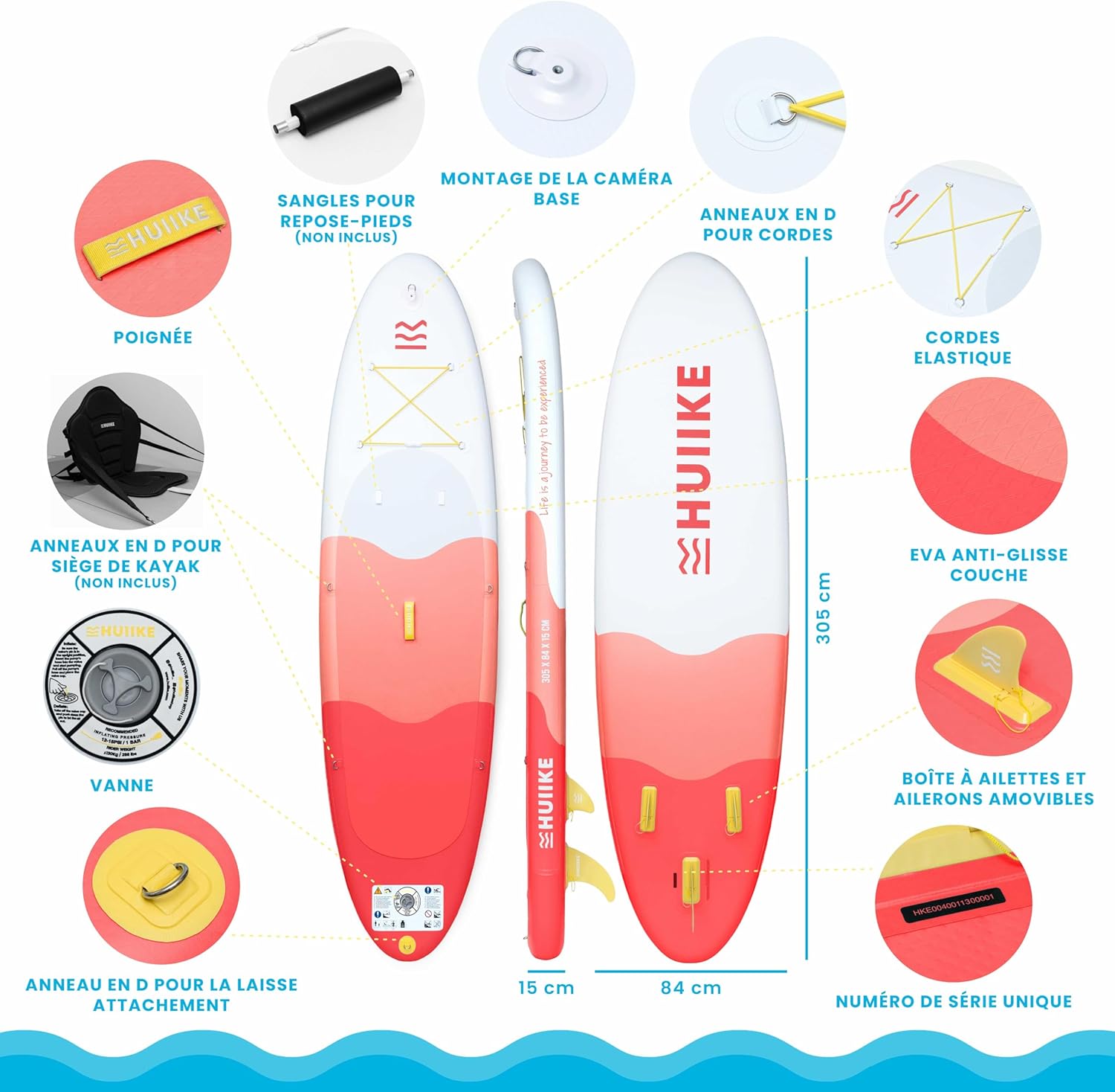 HUIIKE Paddle Gonflable Adulte avec Accessoires Inclus, Pagaie, Ailerons, Pompe. Planche de Stand Up Paddle Grande Stabilité et Résistance. 305 x 84 x 15 cm, Jusqu'à 130 kg