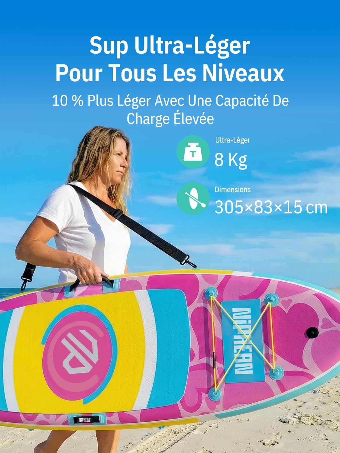 Niphean - Paddle gonflable adulte, ultraléger 320cm - siège, aileron StabilTrac, antidérapant, yoga, animaux