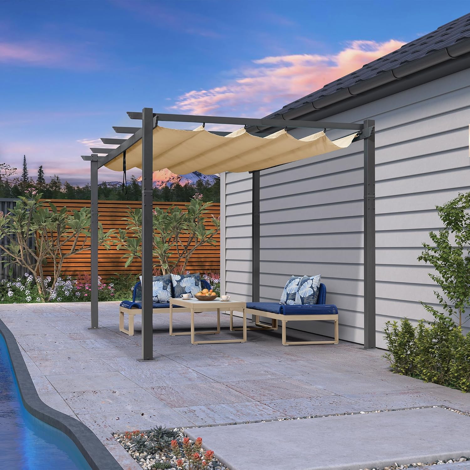 PURPLE LEAF - Pergola murale - 4 x 2,7 m - toit coulissant alu, tissu kaki