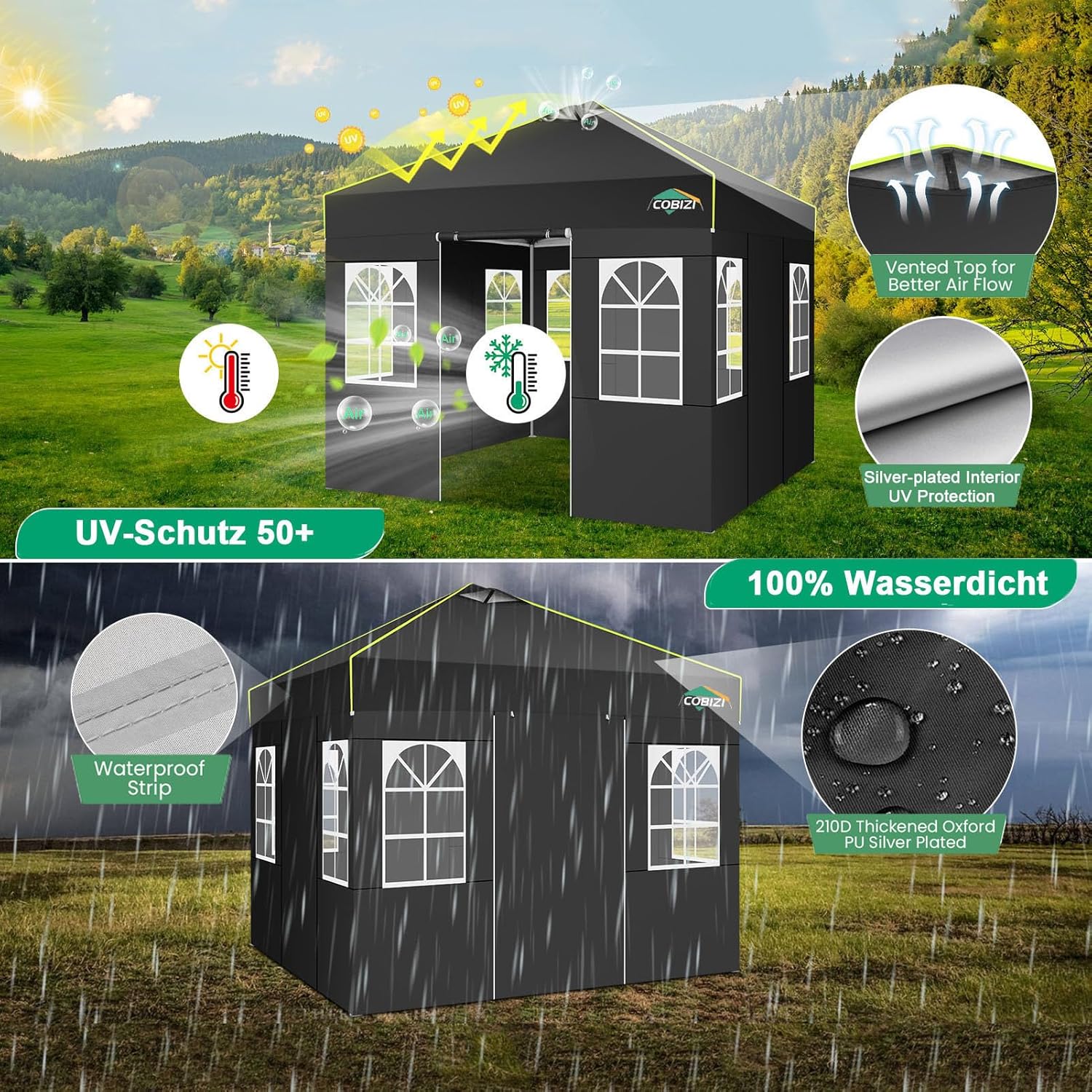COBIZI - tonnelle pliante 3x3m - imperméable, 4 côtés, anti-UV, noir