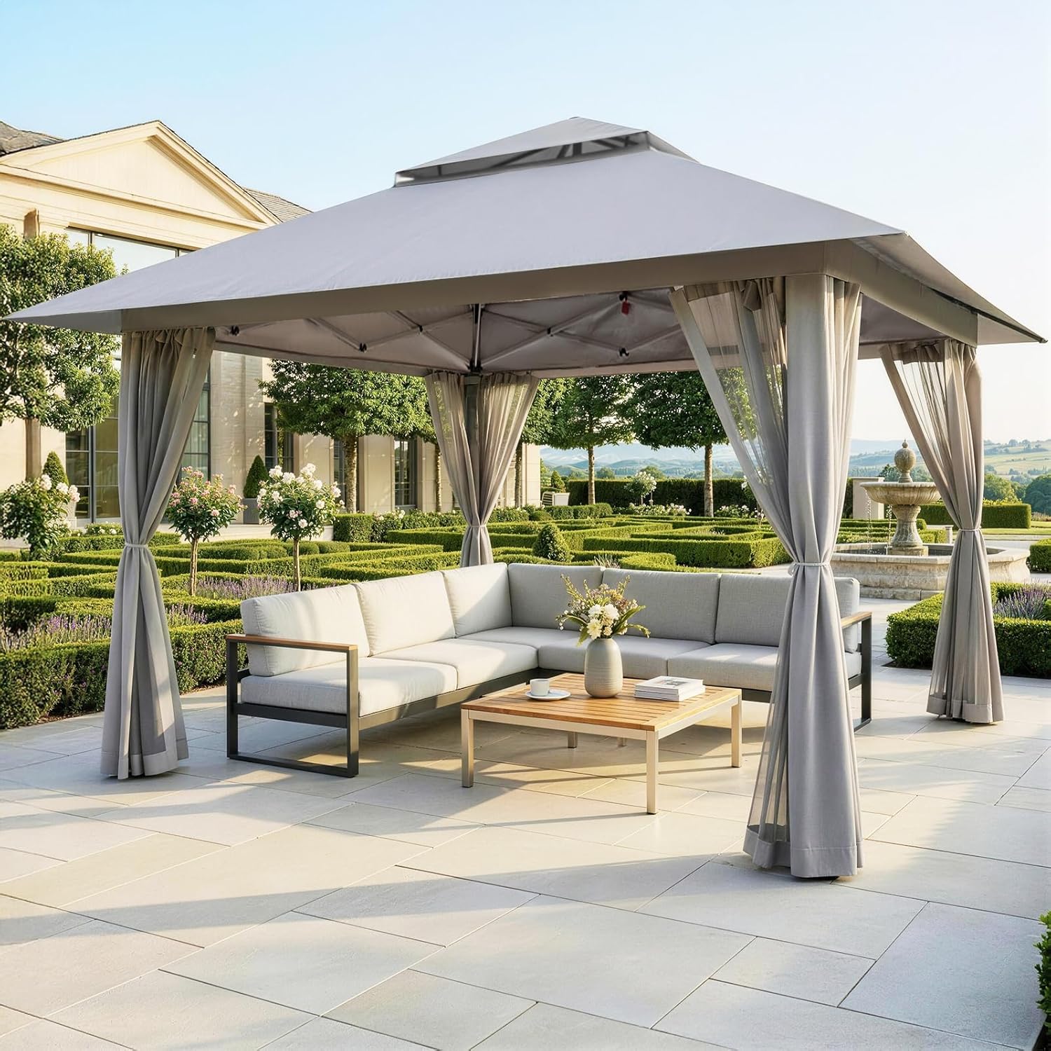 CROWN SHADES - tonnelle jardin pop up - 4x4 m - double toit, côtés maille, hauteur réglable