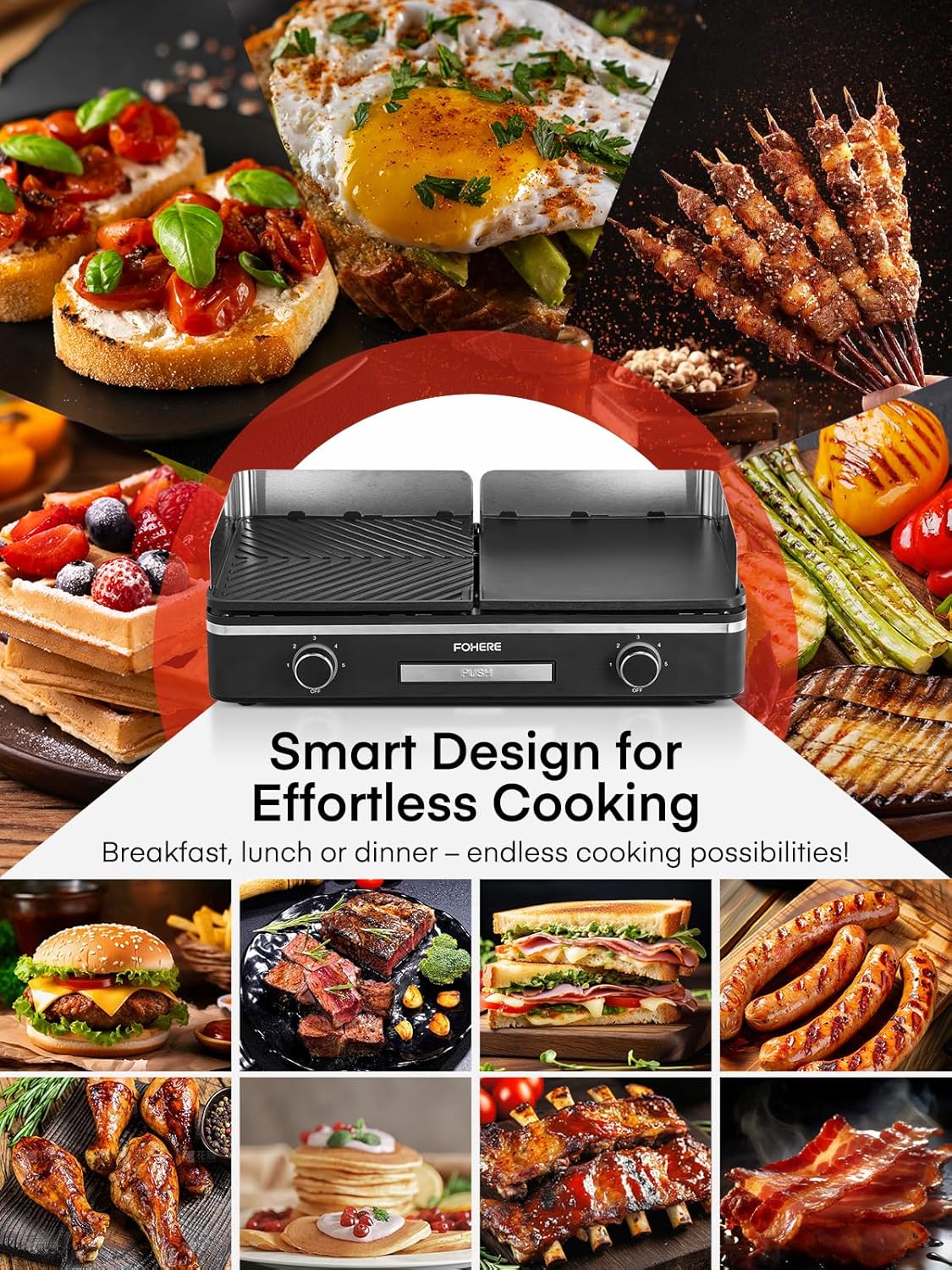 FOHERE - Barbecue de table 2400W - 2 zones, grande plancha antiadhésive