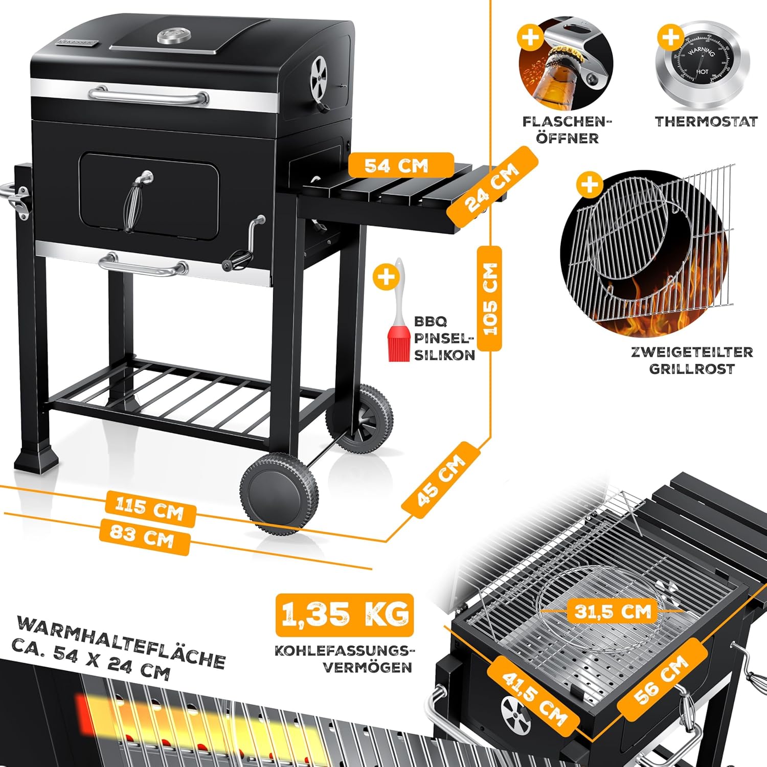 KESSER - Chariot Barbecue XL - inox, couvercle, roues, thermomètre