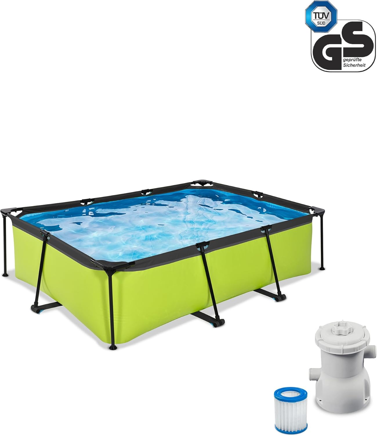 EXIT TOYS Piscine Tubulaire Lime - 220x150x65cm - Piscine Hors Sol Rectangulaire avec Pompe Filtrante à Cartouche - Entrée Basse - Idéal pour Les Jeunes Enfants - Cadre Stable - Design Unique - Vert