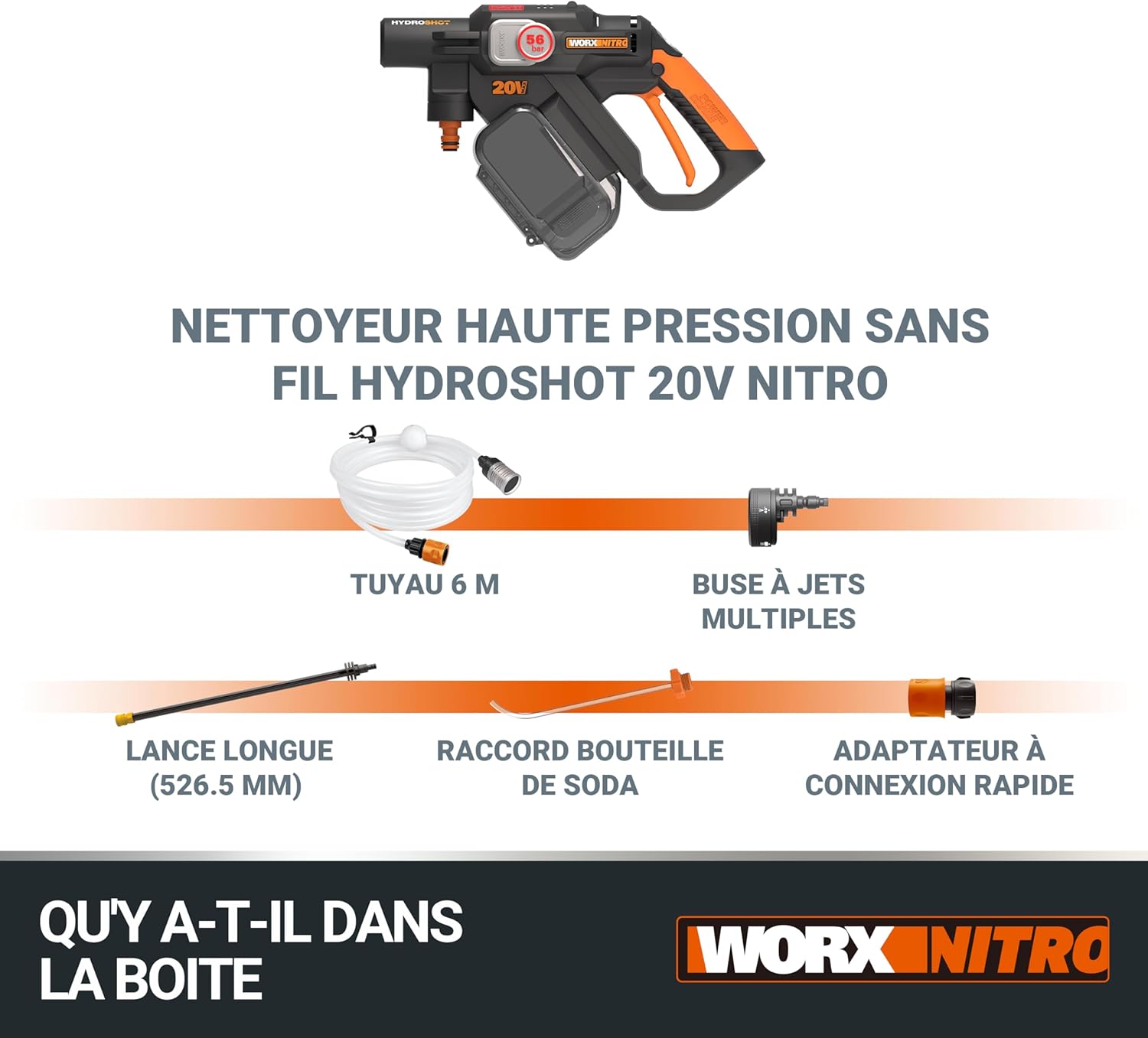 WORX - Hydroshot 20V - mobile, tuyau 6m, lance longue, WG633E.9