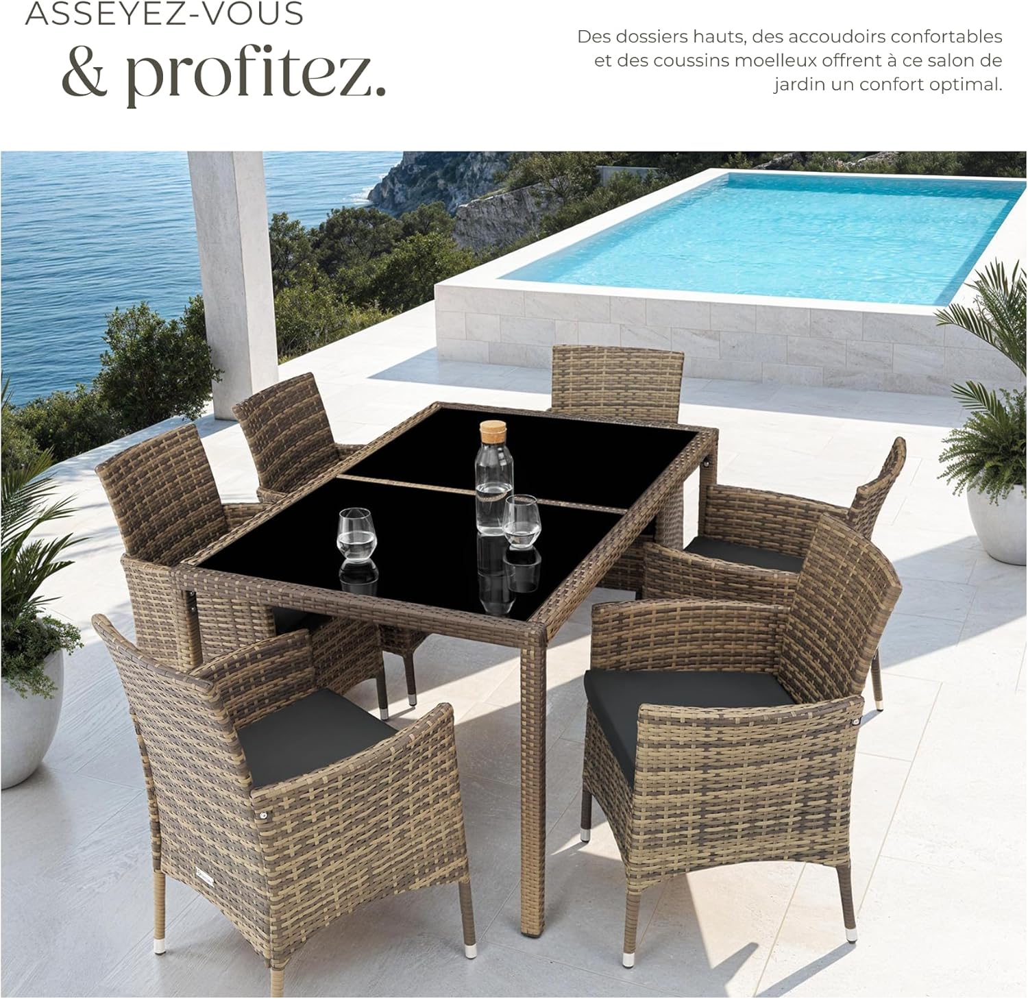 tectake - Salon de jardin poly rotin, 6 chaises confortables, résistant UV, table - 4260624128841