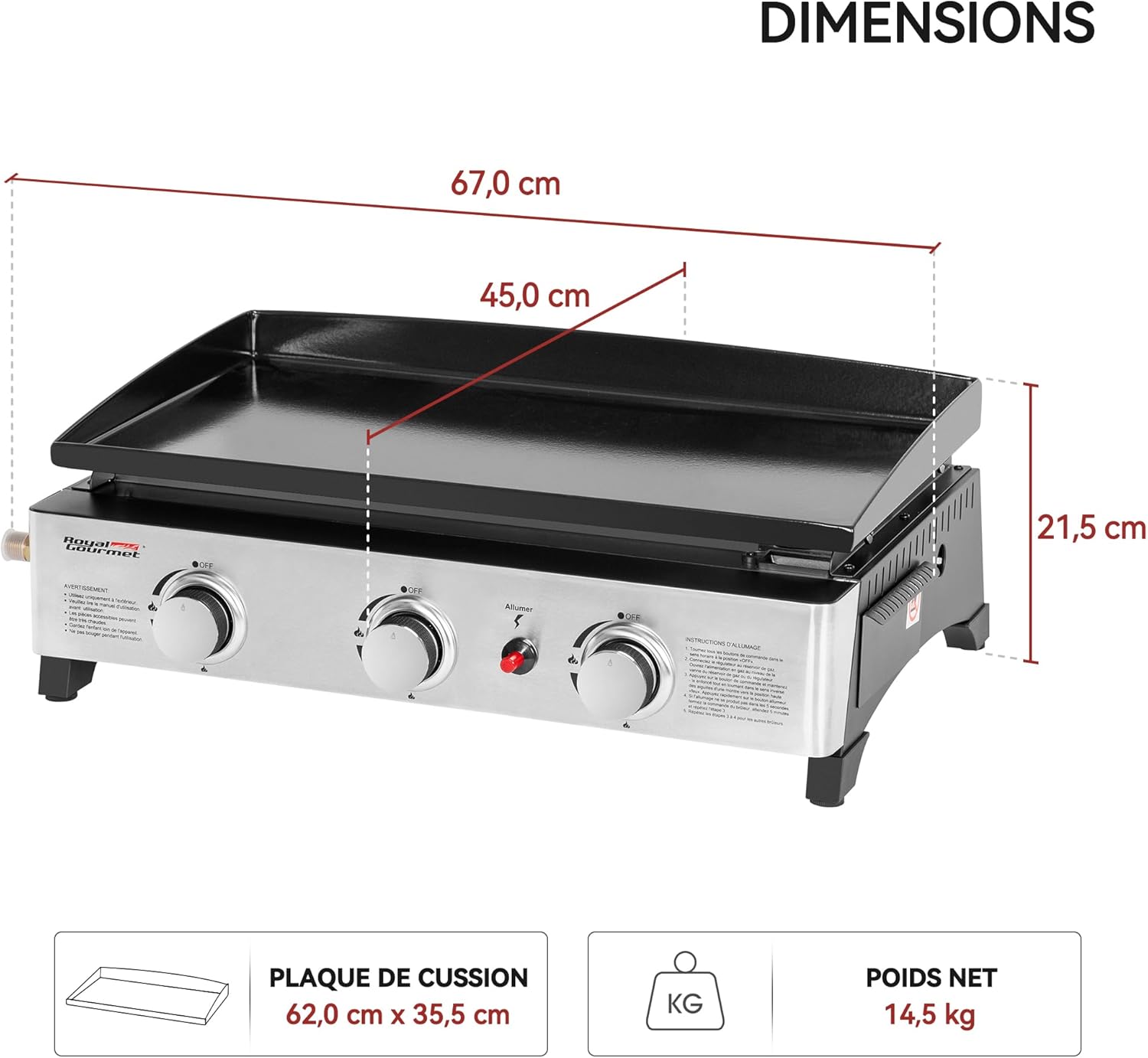 Royal Gourmet - Plancha Gaz 3 brûleurs - 62x35,5 cm - acier émaillé, portable, 7.5kW