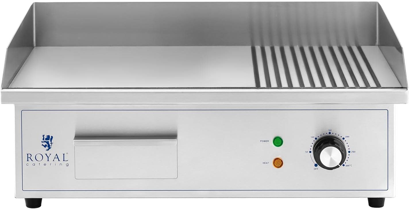 Royal Catering - Plancha électrique professionnelle - 548x350 mm - 3000 W, plaque lisse et rainurée - RCPG42-M