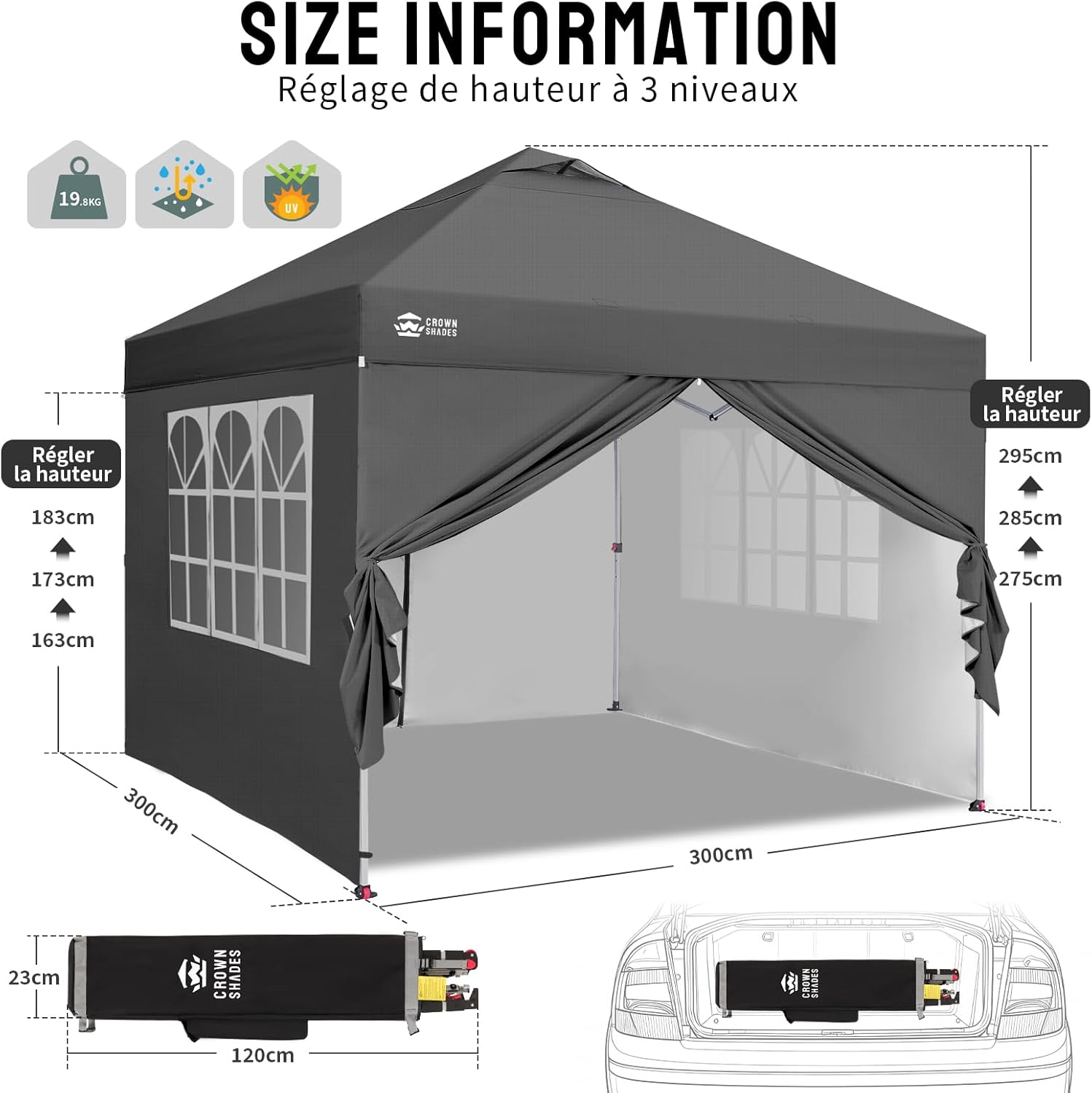 CROWN SHADES Tonnelle Pliante 3x3 Imperméable, Barnum Pliant de Jardin Exterieur, Pop-Up Gazebo avec Sac de Rangement, UPF 50+, avec 4 Parois Latérales Amovible, 4 Sac de Sable, Gris