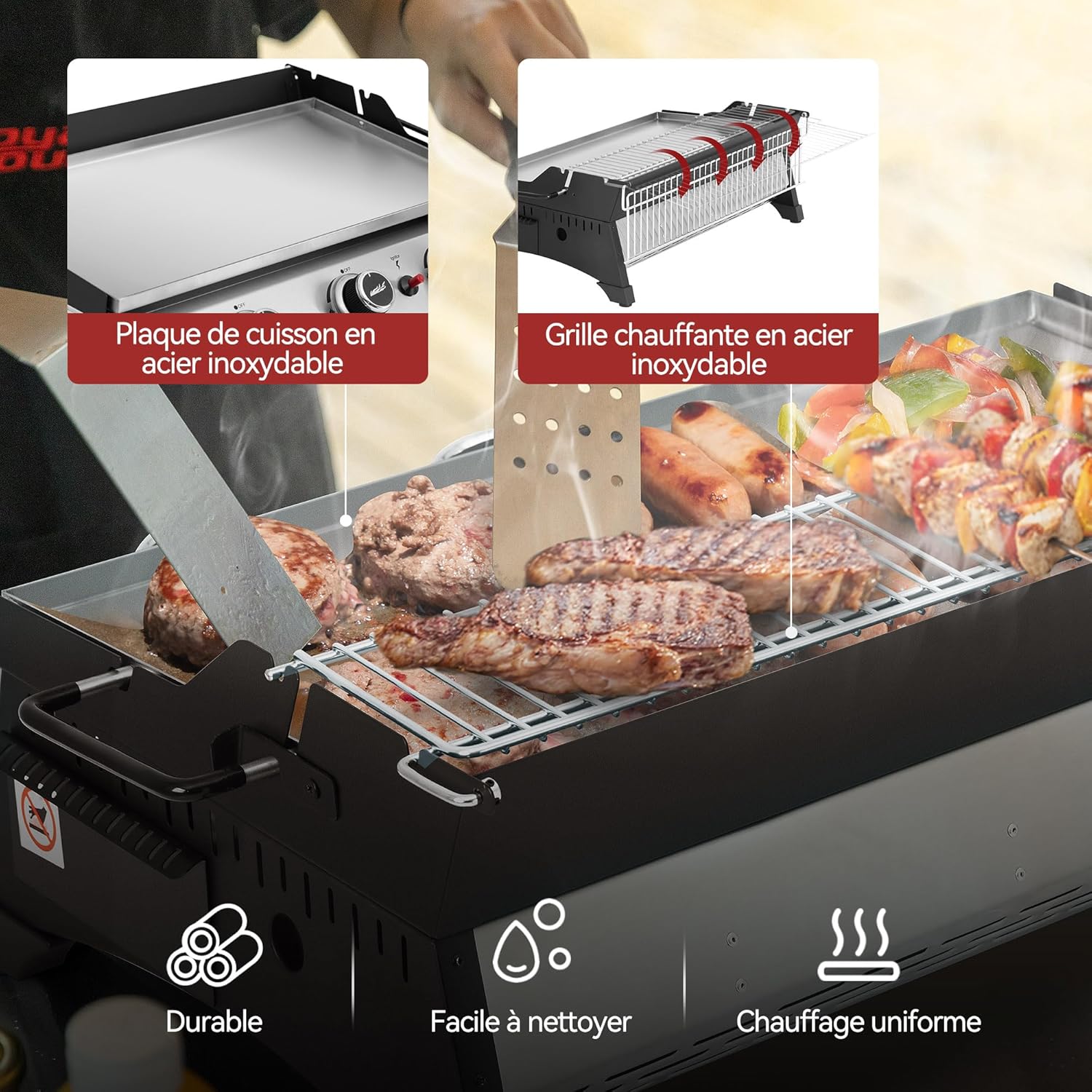 Royal Gourmet - Plancha gaz inox 3 brûleurs 61,5x32cm, 7,5kW, usage extérieur