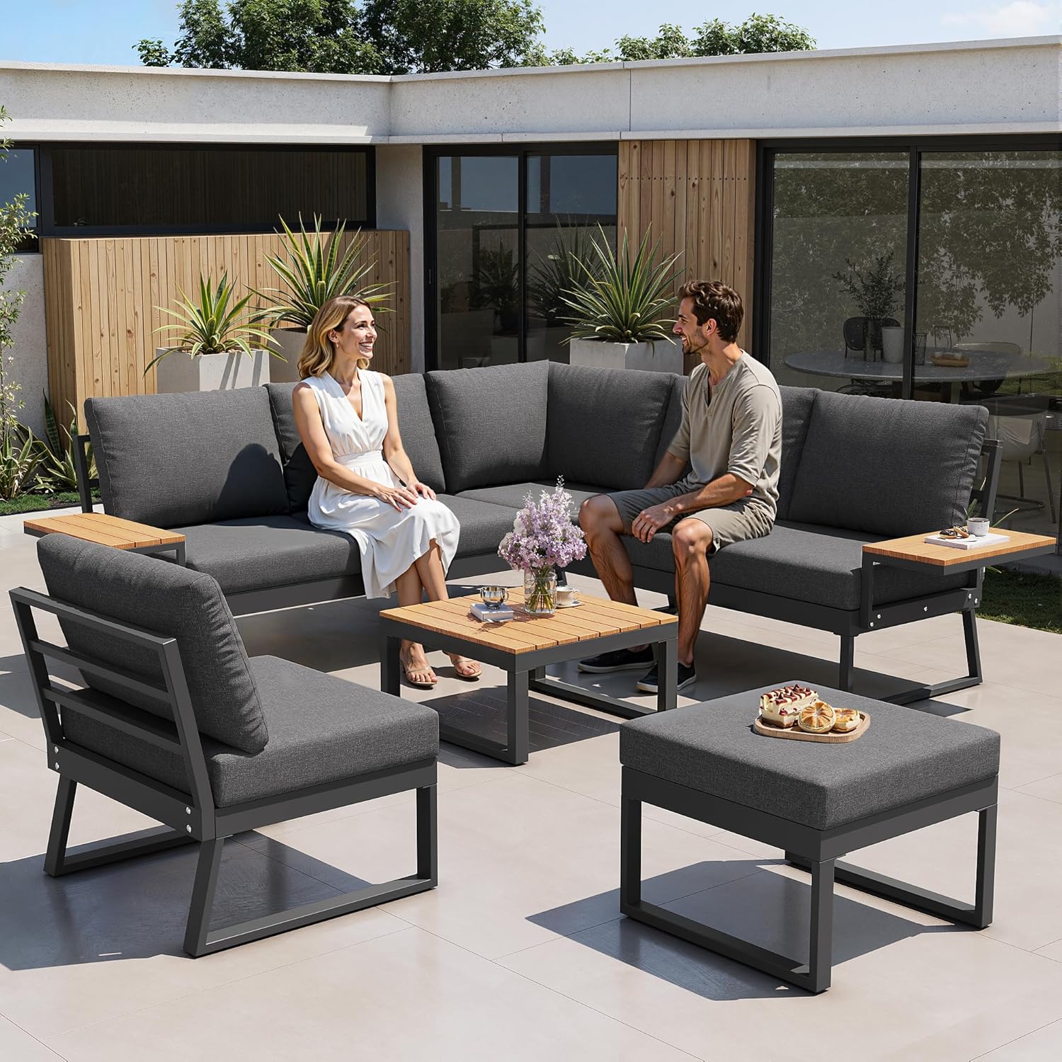 Sapgaks - salon de jardin 7 places, angle inclinable, coussins, table basse - F-Gris