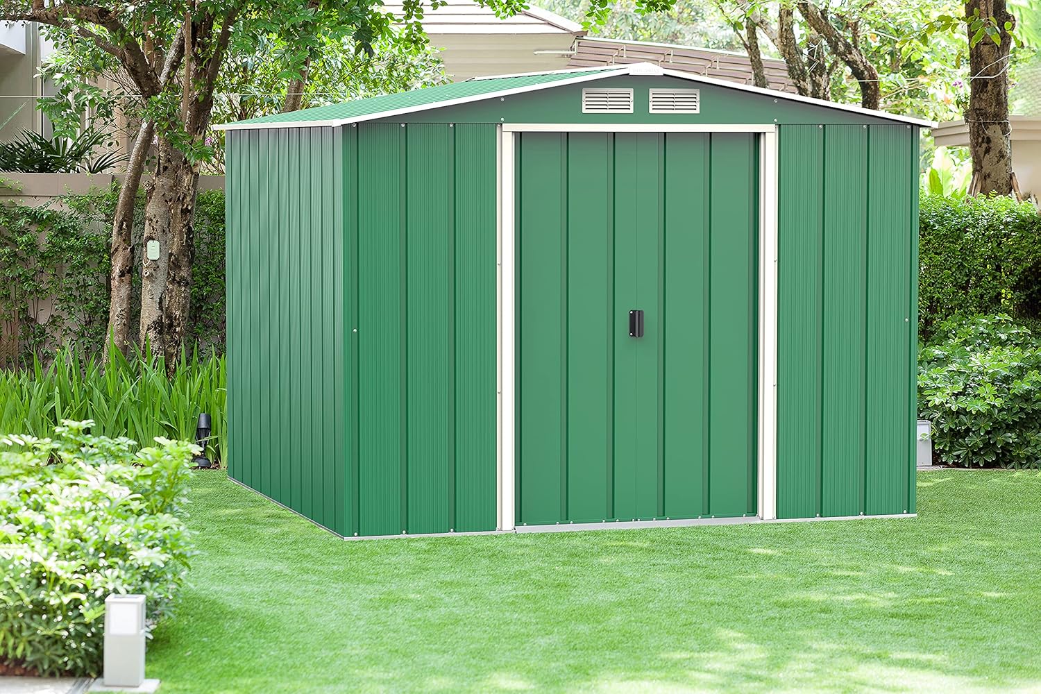 Duramax ECO 8 x 8 (5.89 m²) Abri de Jardin en Métal Galvanisé à Chaud, Abri de Stockage d'Outils, Structure de Toit Renforcée, Abri en Métal Sans Entretien, Vert