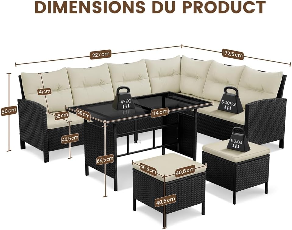 Yaheetech - Ensemble Salon 4 pièces polyrotin, canapé, table, ottomans, extérieur, noir/beige
