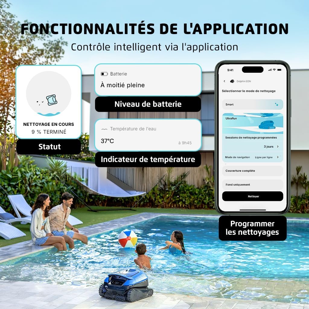 Dolphin - Nautilus EON - piscines jusqu’à 15 m - robot piscine sans fil, fond/parois/ligne d’eau, filtration fine, app, 