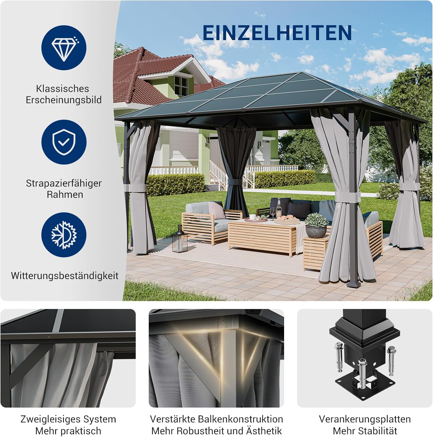 UDPATIO - Tonnelle série 3x4m, imperméable, UV, rideaux, gris, UDPATIO