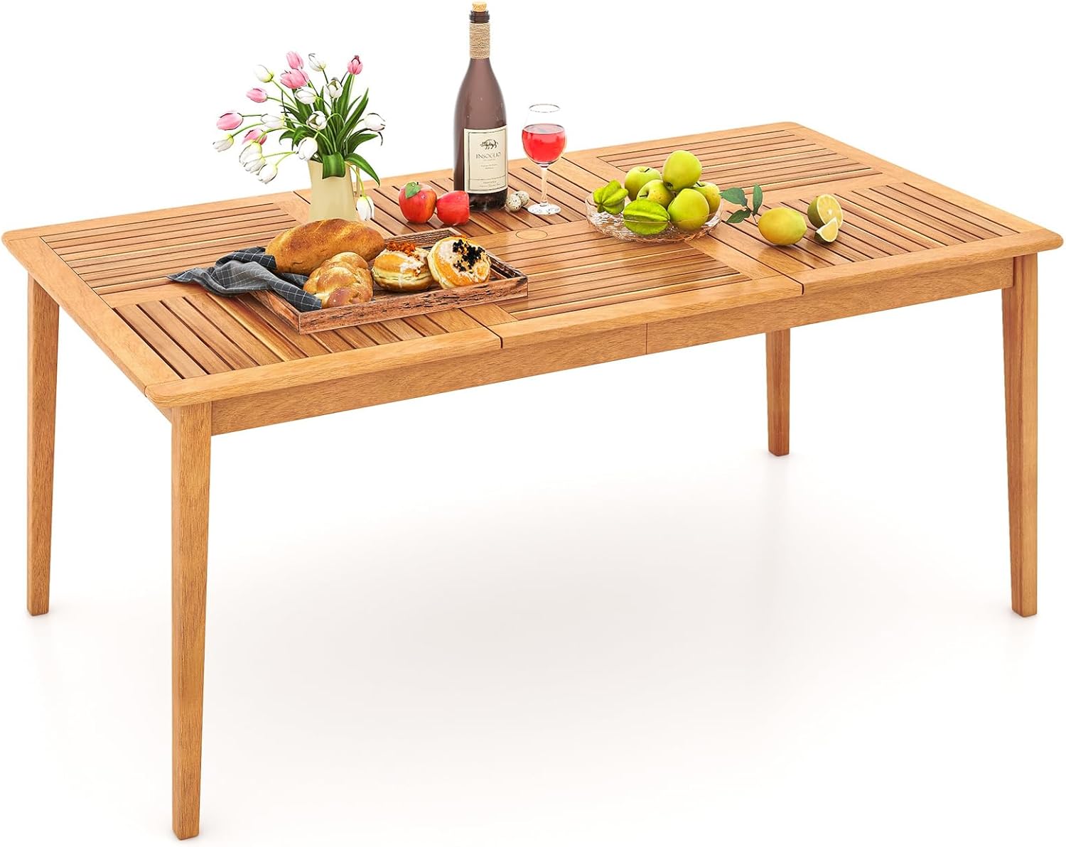 Costway - Table en bois d’Acacia, 170x90 cm, trou pour parasol 5 cm, 6 personnes