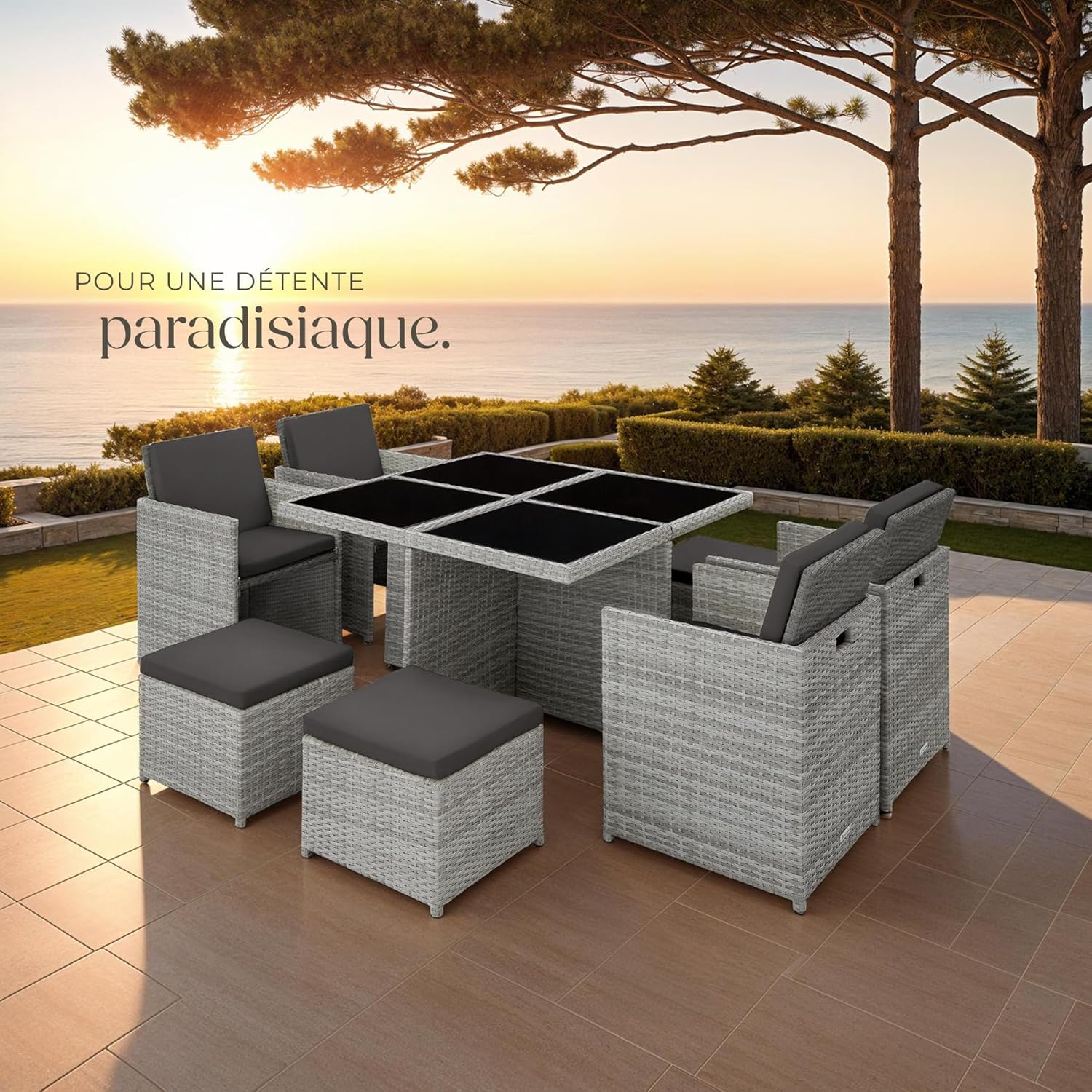 tectake - Salon de jardin extérieur 8 places - alu, polyrotin, table large, gris clair