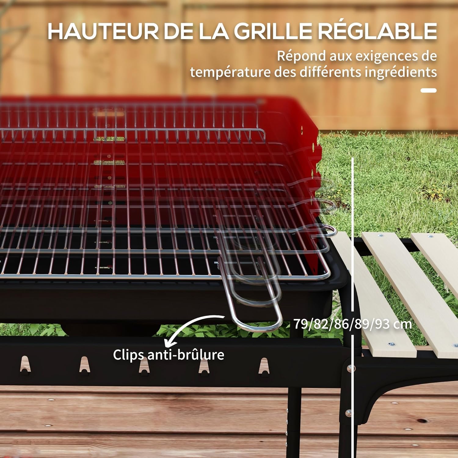 Outsunny - barbecue à charbon sur pied - 103x47x95cm - gril réglable, 2 roues, 3 étagères, bac à cendres