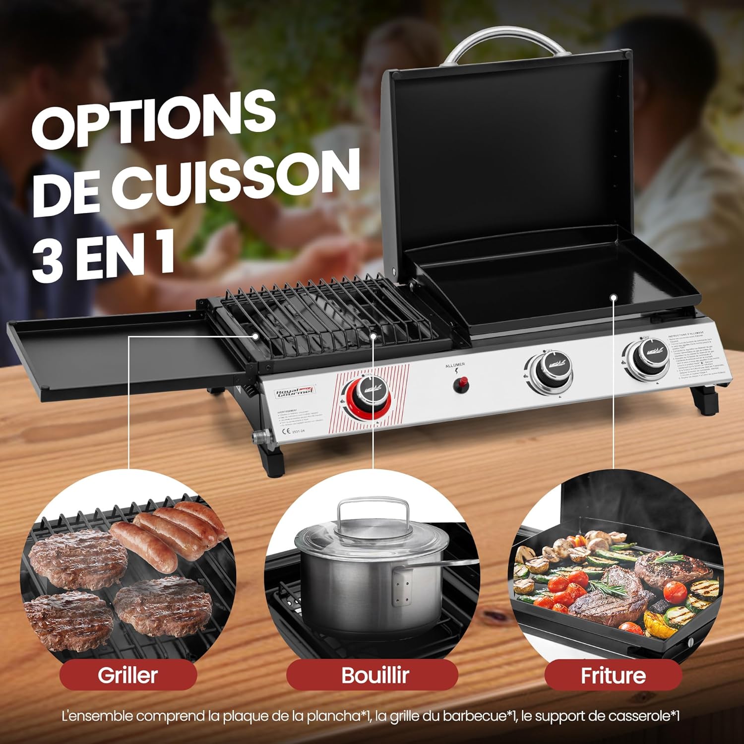 Royal Gourmet - barbecue gaz 3 brûleurs - 8,5kW - plancha, grille, couvercle multifonction