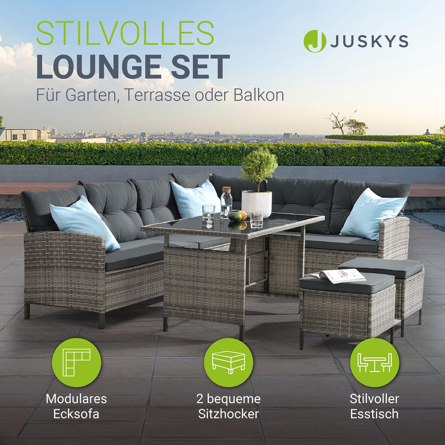 Juskys - Salon de Jardin Manacor - 7 places - Canapé, table, tabourets, coussins, housses, polyrotin gris
