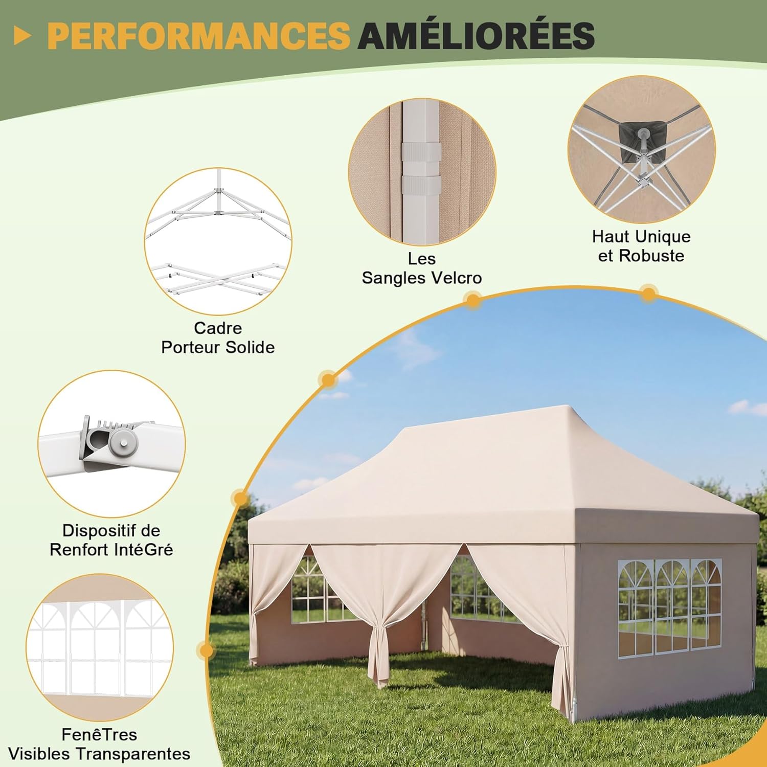 Devoko - tonnelle pliante série 3x6 - réglable, tissu Oxford imperméable, beige