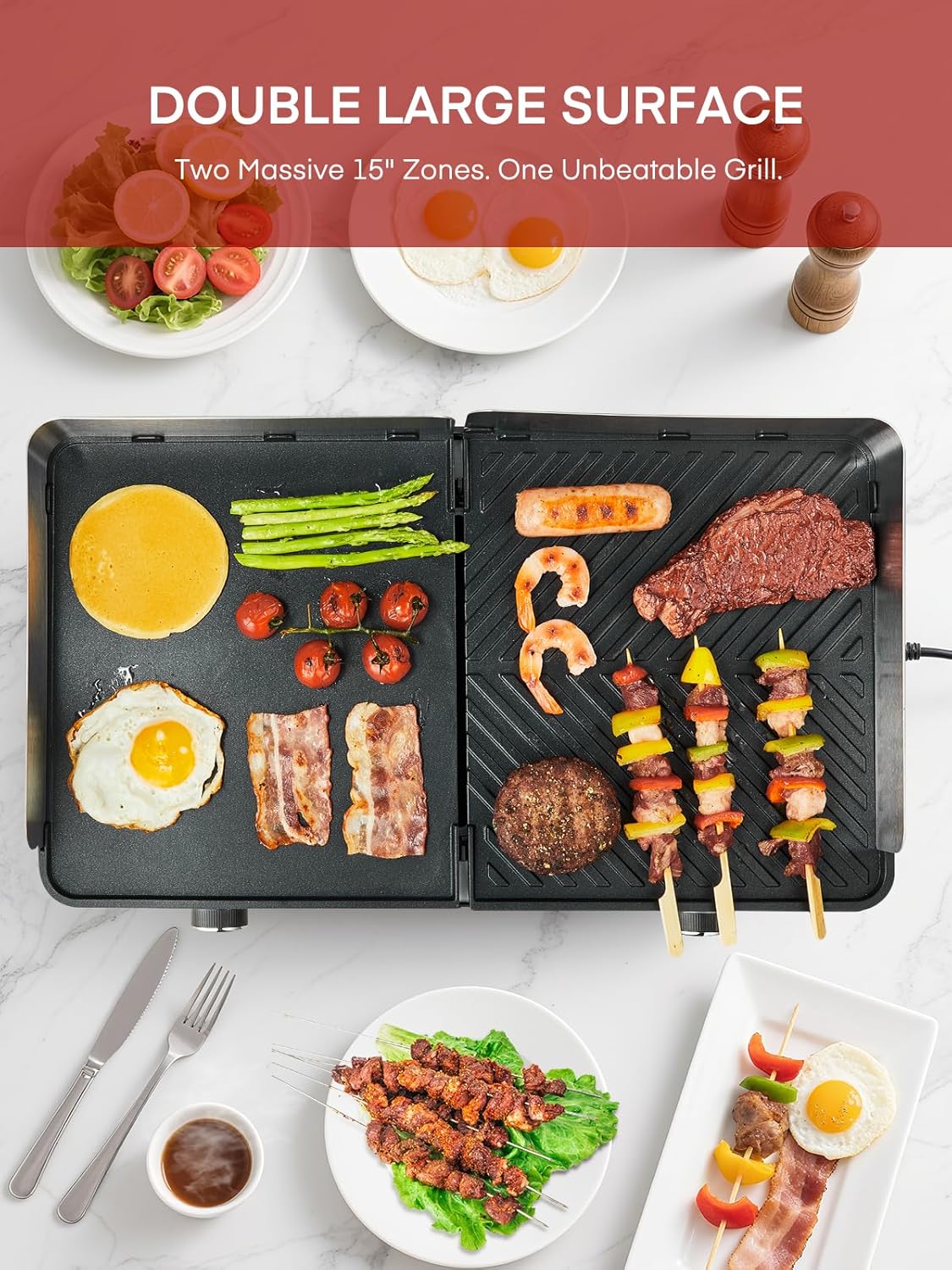 FOHERE - Barbecue de table 2400W - 2 zones, grande plancha antiadhésive