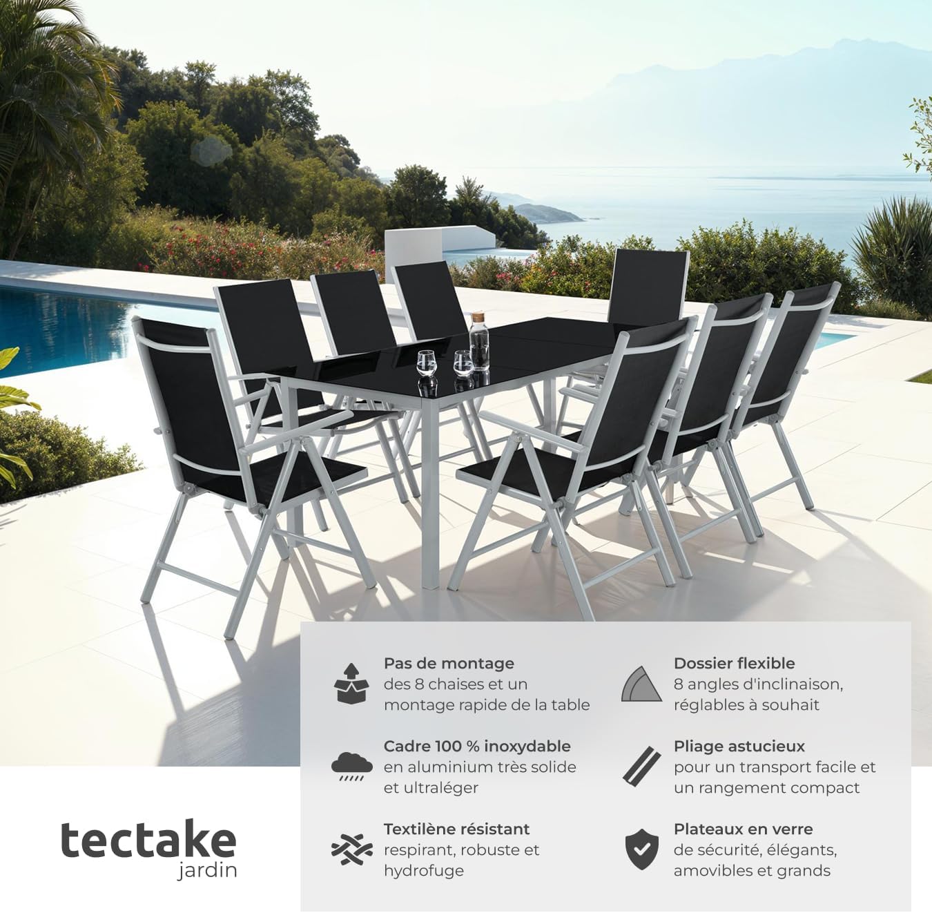 tectake - Salon de Jardin 8 Fauteuils Pliables Aluminium, Table, Facile entretien