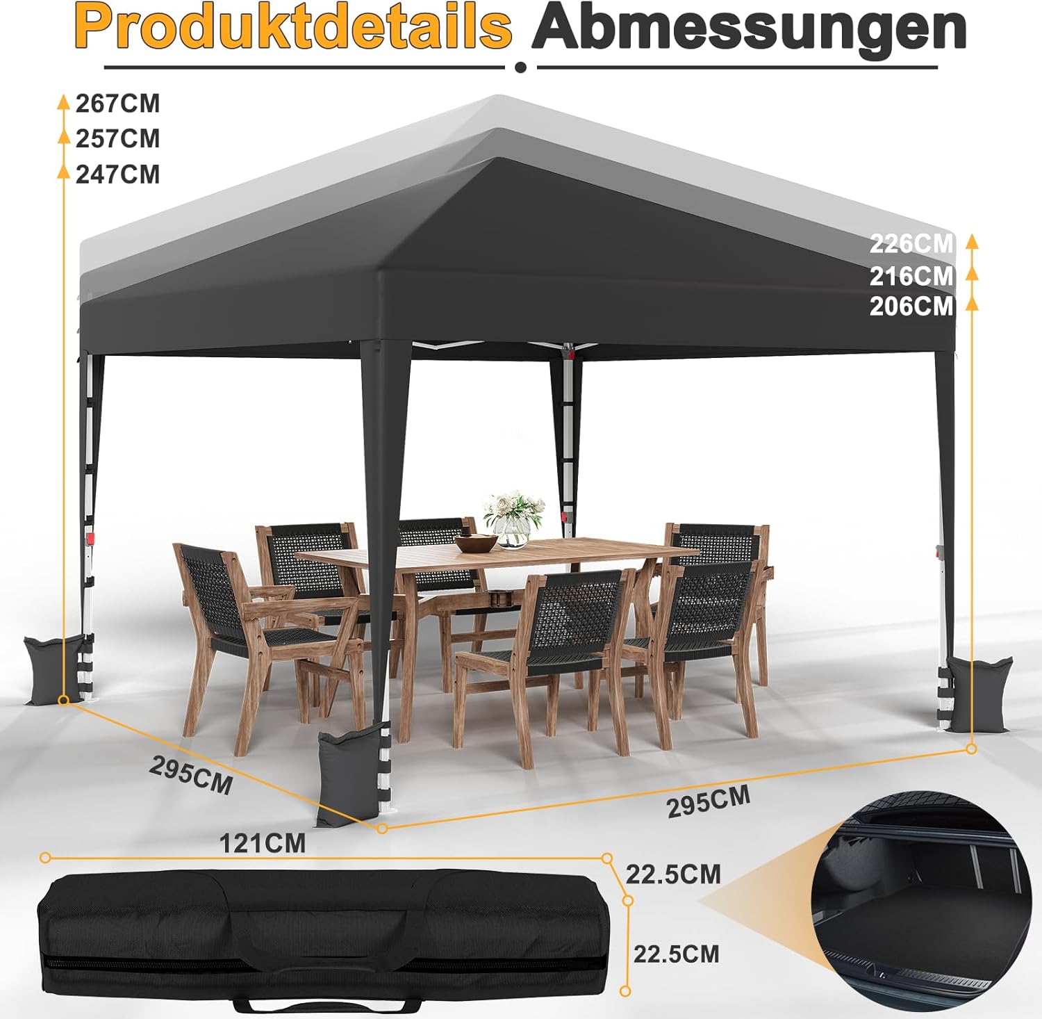 JUMMICO - tonnelle pliante - 3x3m - réglable, anti-UV, imperméable