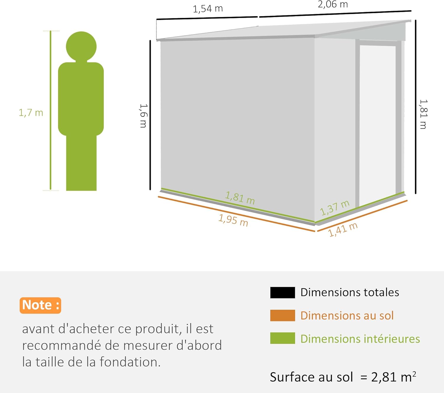 Outsunny - abri de jardin métal série fondation - 154x206,5x181 cm - toit incliné, 2 étagères, gris
