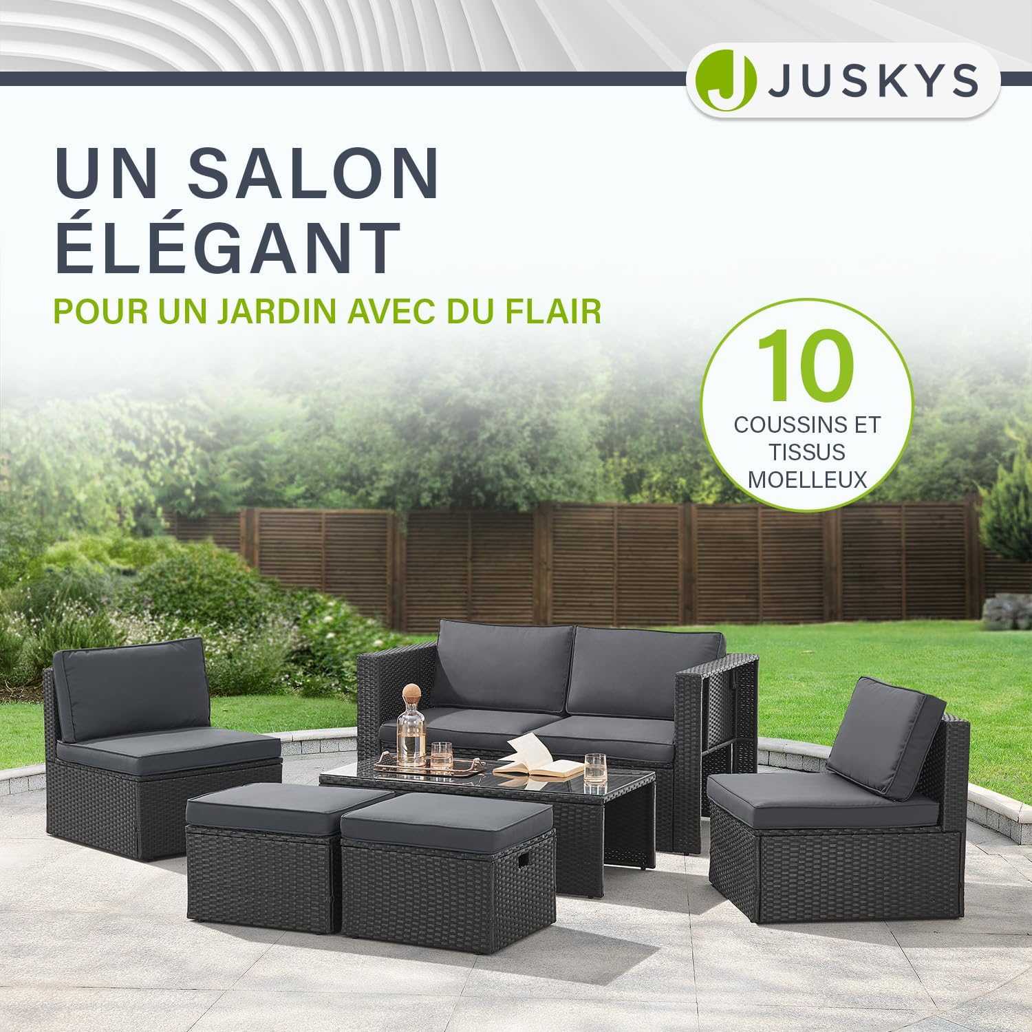 Juskys - Salon de Jardin Salou - 6 places - polyrotin, coussins, table, noir