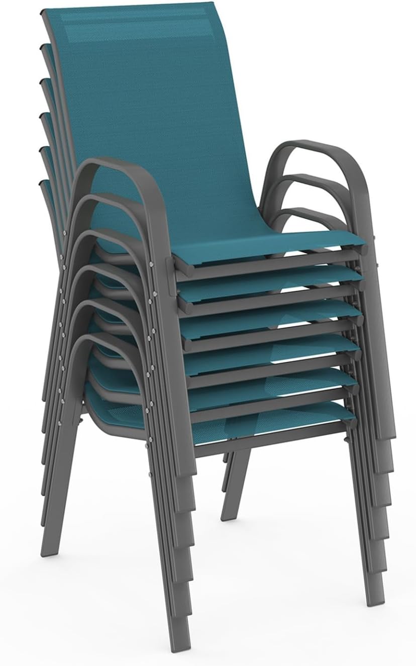 IDMarket - Madrid salon jardin 190cm, 8 chaises empilables bleu