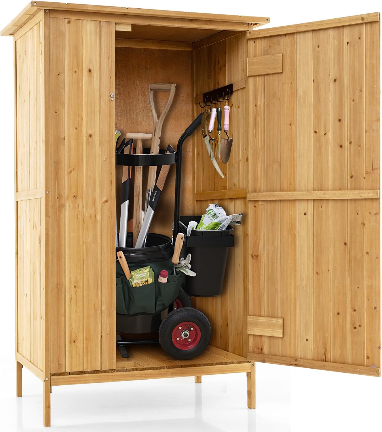 COSTWAY - armoire jardin bois - 3 étagères, toit asphalte, porte verrouillée