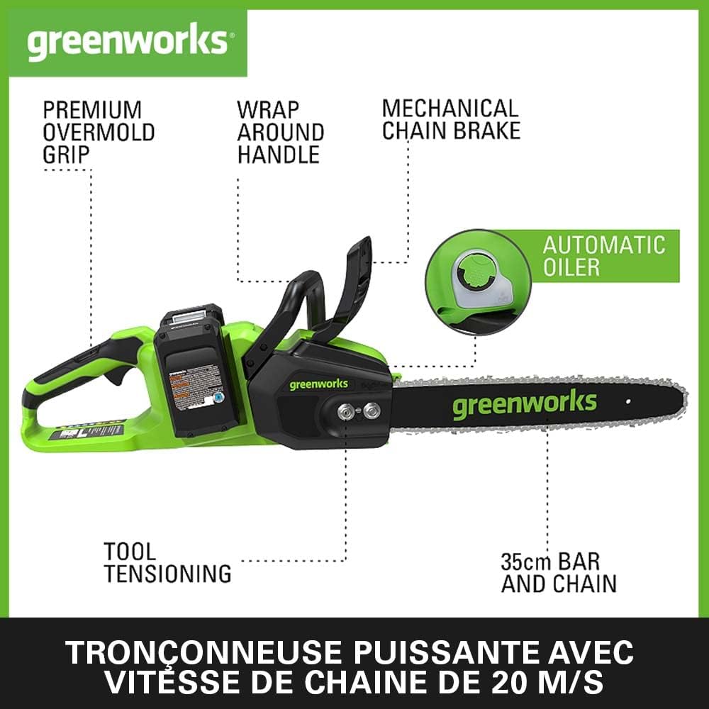 Greenworks - Tronçonneuse sans fil série 48V - 35cm - moteur sans balais, vitesse 20m/s, 2 batteries 24V 4Ah, graisseur 