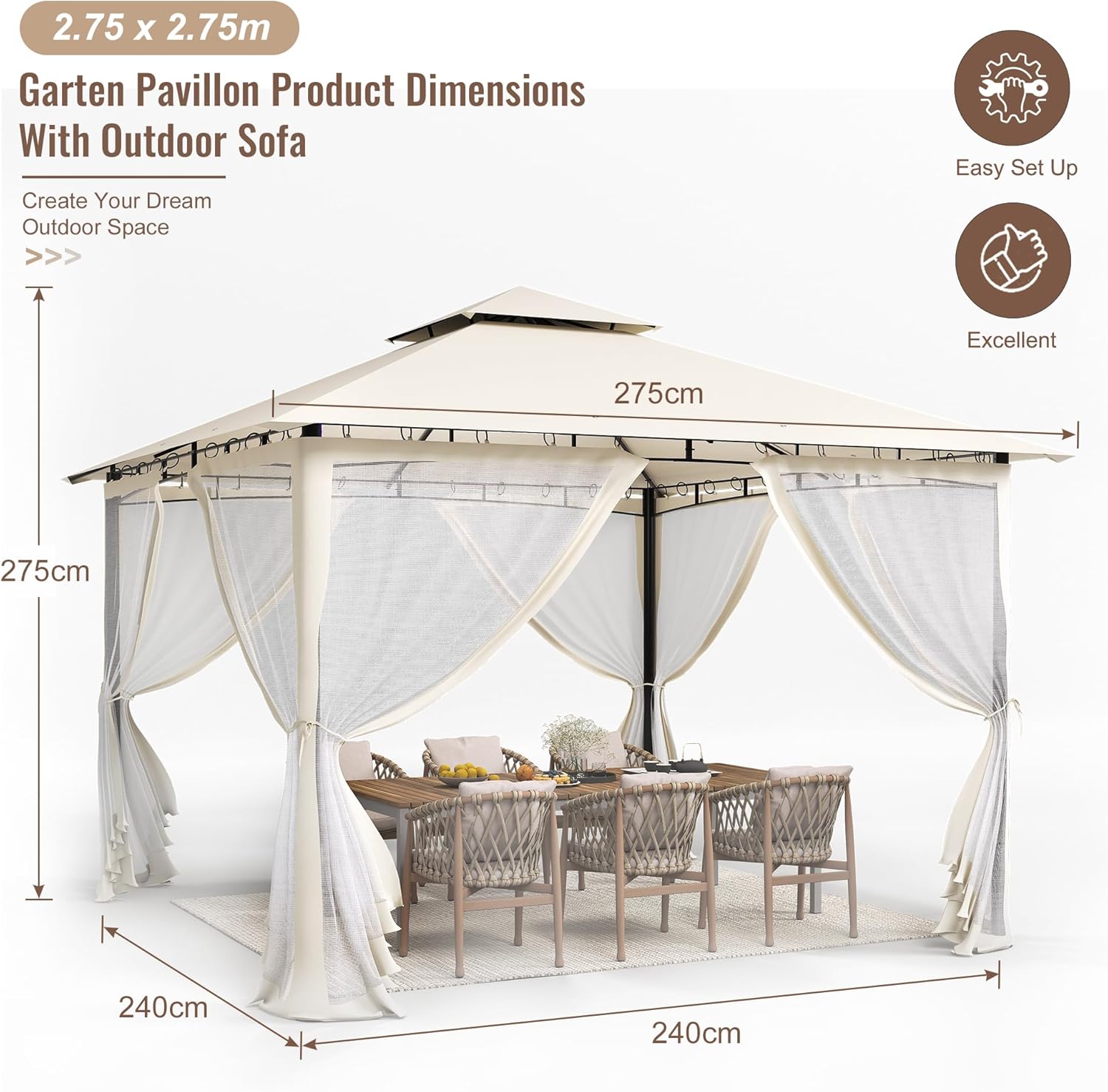 UDPATIO - tonnelle jardin série double toit - 2.8x2.8m - métal, moustiquaire, beige